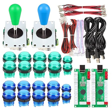 Avsiri 2 Player LED Arcade DIY Parts 2X USB Encoder + 2X Ellipse Oval Style Joystick + 20x LED Arcade Buttons for PC MAME Raspberry Pi Windows (Green & Blue Kit)