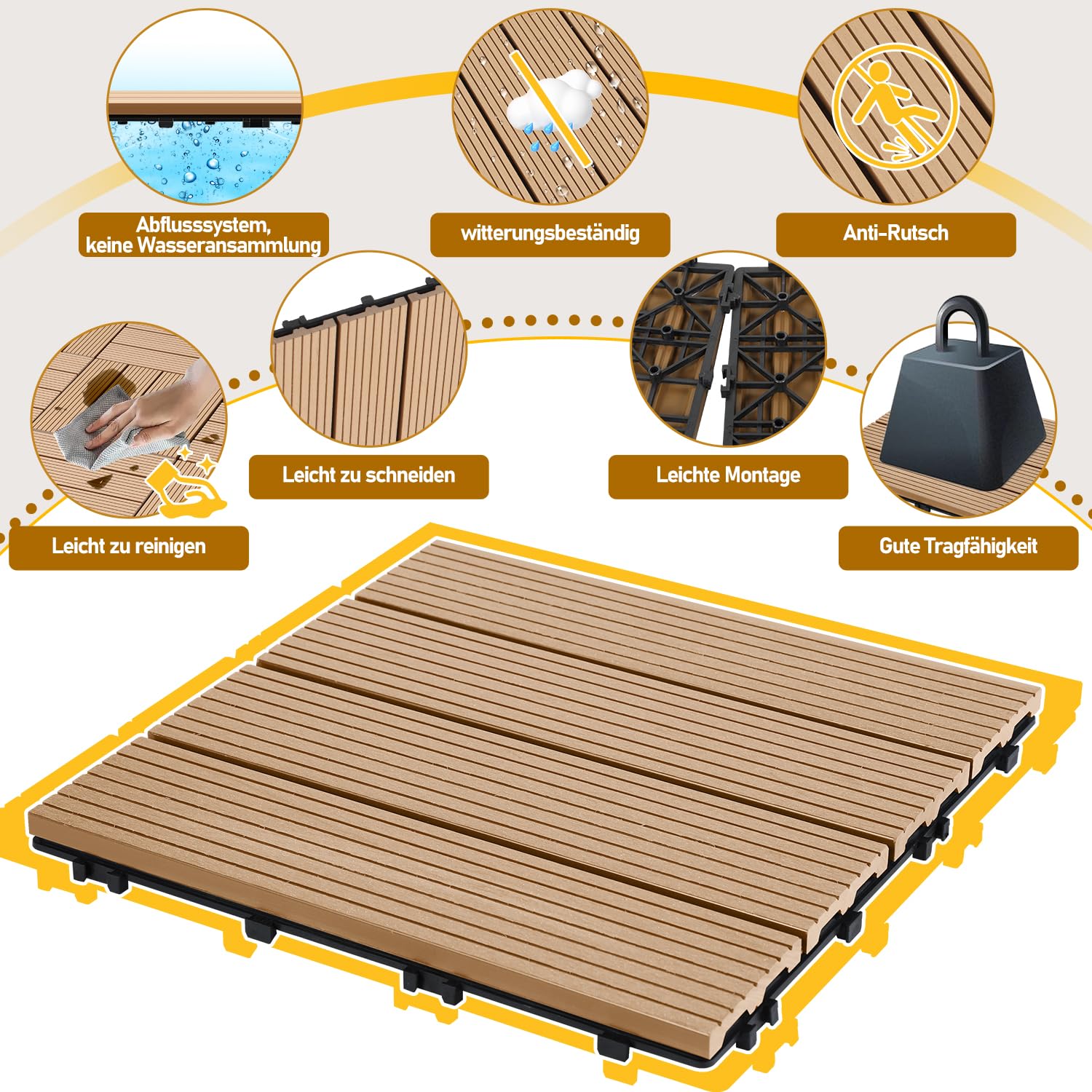 Randaco Lot de 44 dalles de terrasse WPC pour 4 m², 30 x 30 cm, en WPC, avec système de drainage et de clic, faciles à poser, imperméables et antidérapantes, en teck