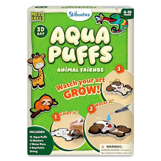 Skillmatics 3D Art Kit - Aqua Puffs Animals, Stocking Stuffers, Paint by Number Craft for Kids, DIY Color & Inflate Activity, Travel & Chirstmas Gift for Girls & Boys Ages 4, 5, 6, 7, 8, 9, 10