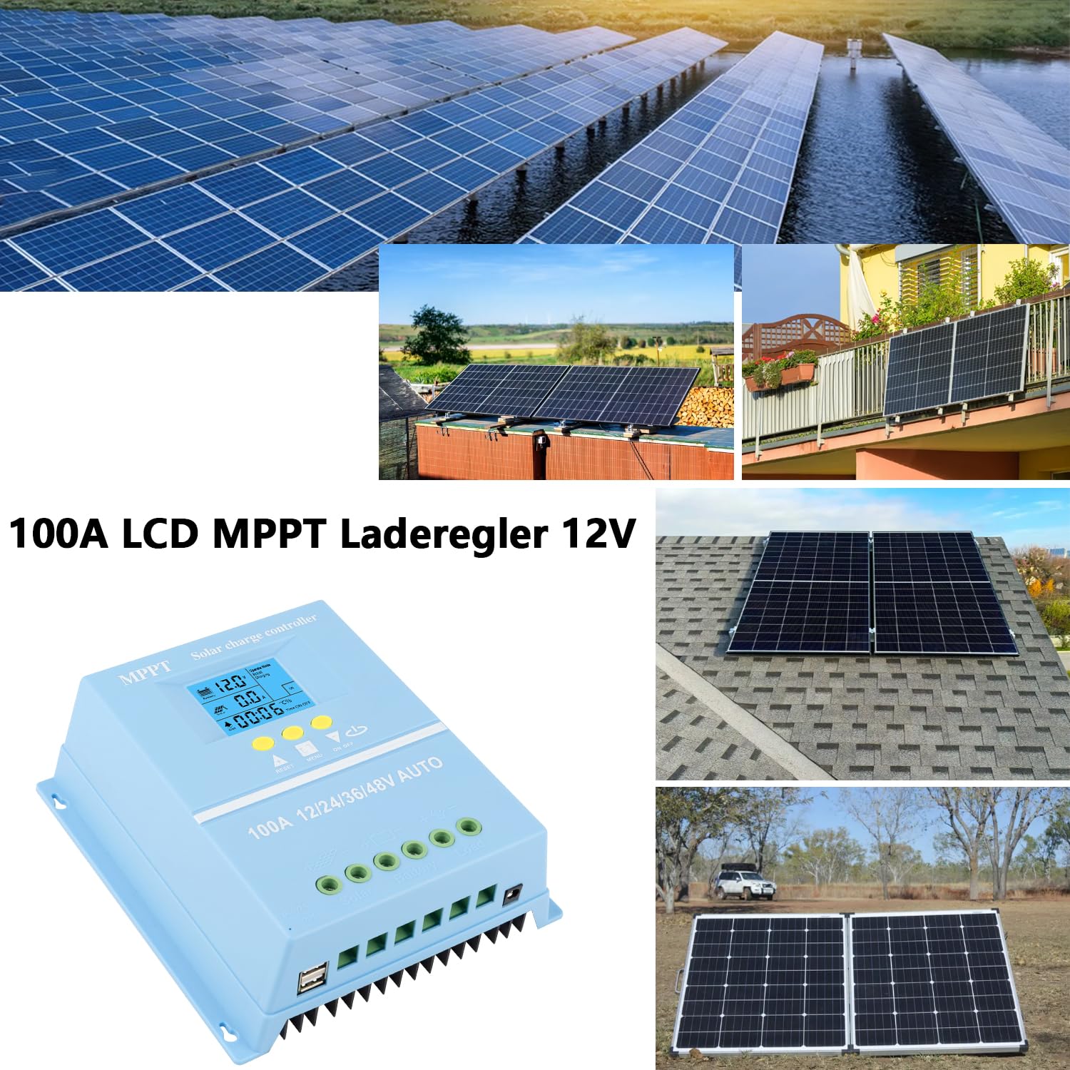 【100A Controlador de Carga Solar】KWODE 100A Regulador de Carga Solar 12V/24V/36V/48V Inteligente Regulador Solar MPPT LCD 2 USB para Gel, Litio, Litio ternario, Silicio, LiFePO4, Plomo-ácido Baterías