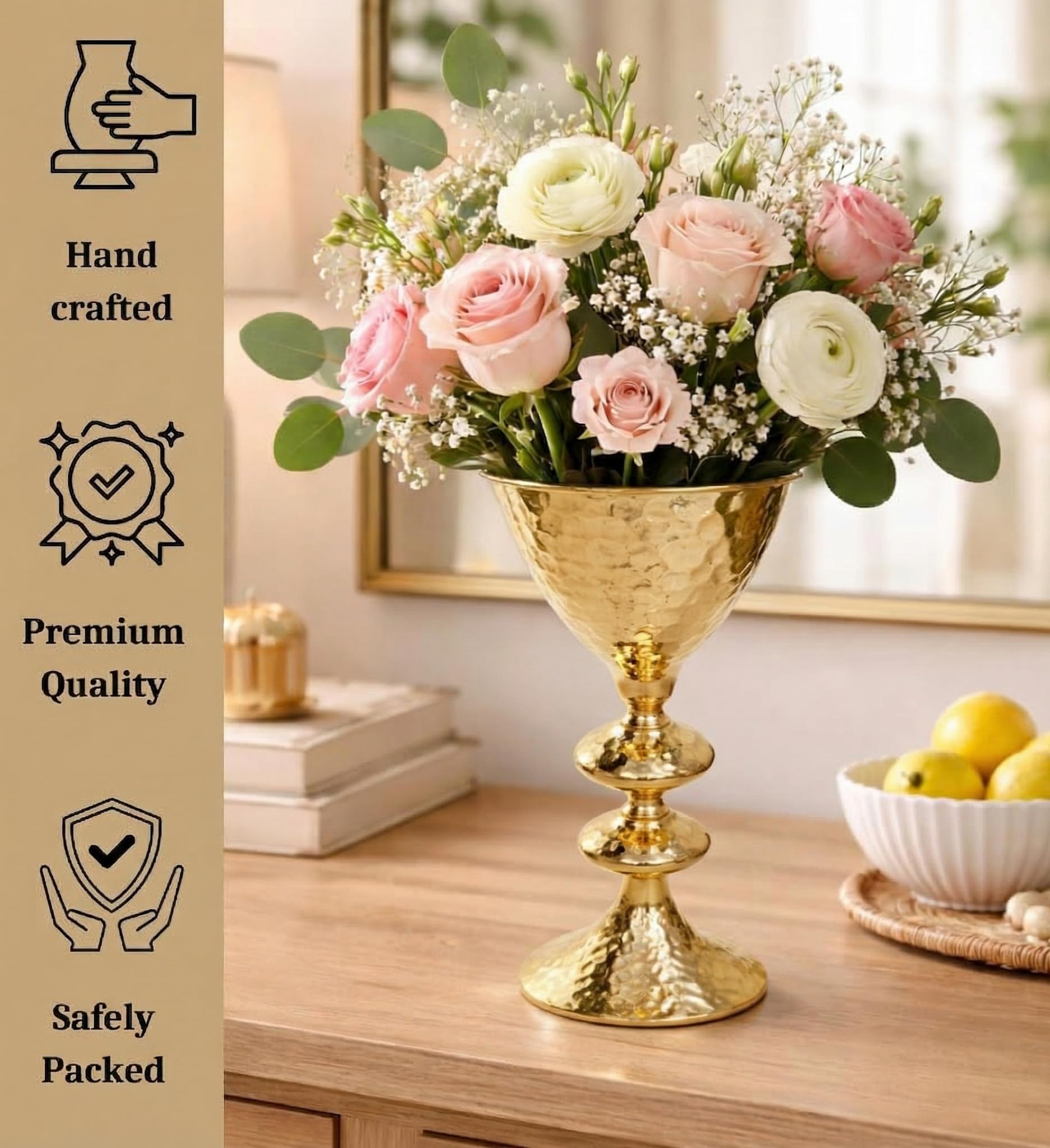 Extreme Karigari Hammered French Gold Metal Flower Vase | Alloy Steel Decorative Centerpiece | Electroplated Finish | Table Décor for Wedding, Home & Events (Large) 3
