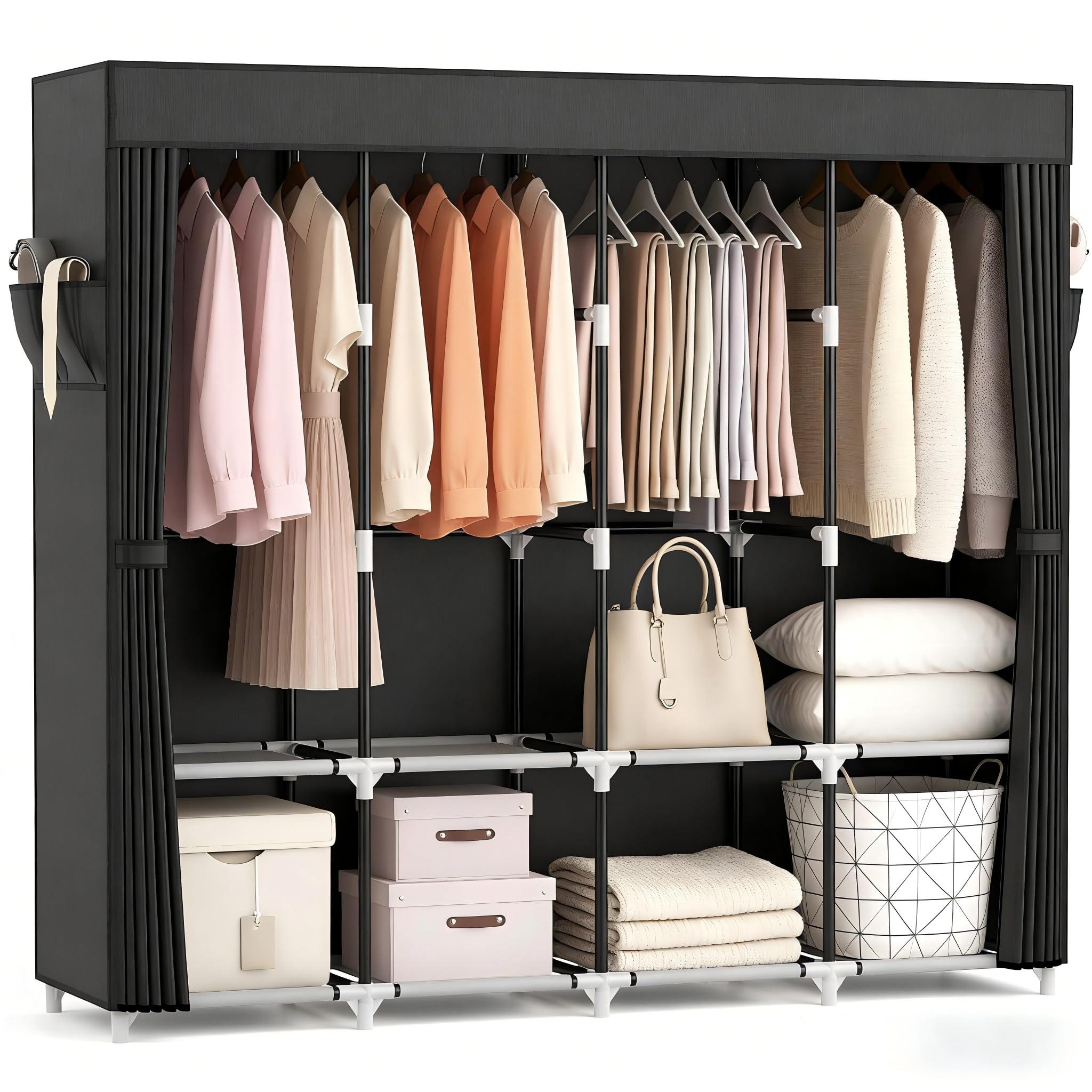 VTRIN Portable Closet for Hanging Clothes 67 Inch Wide Large Capacity Portable Wardrobe Closet with Cover, 4 Storage Shelves and 4 Hanging Rod Sturdy Free Standing Closet for Bedroom, Black