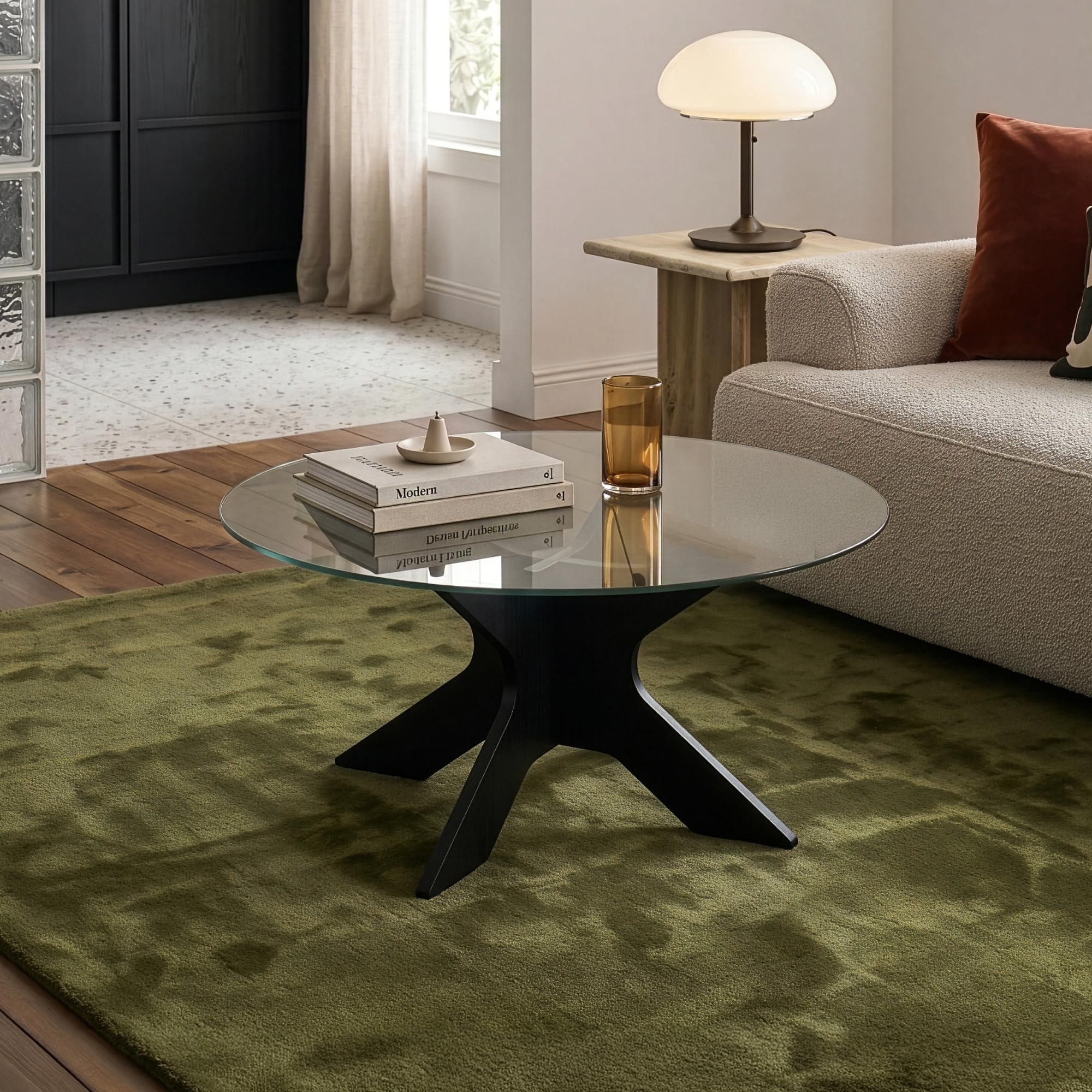 [en.casa] Tavolino da Salotto con Piano Rotondo in Vetro Fumé Temperato Tavolo Basso Centrale da Caffè Ø70 x 35 cm per Soggiorno Living Studio - Grigio/Effetto Legno Nero