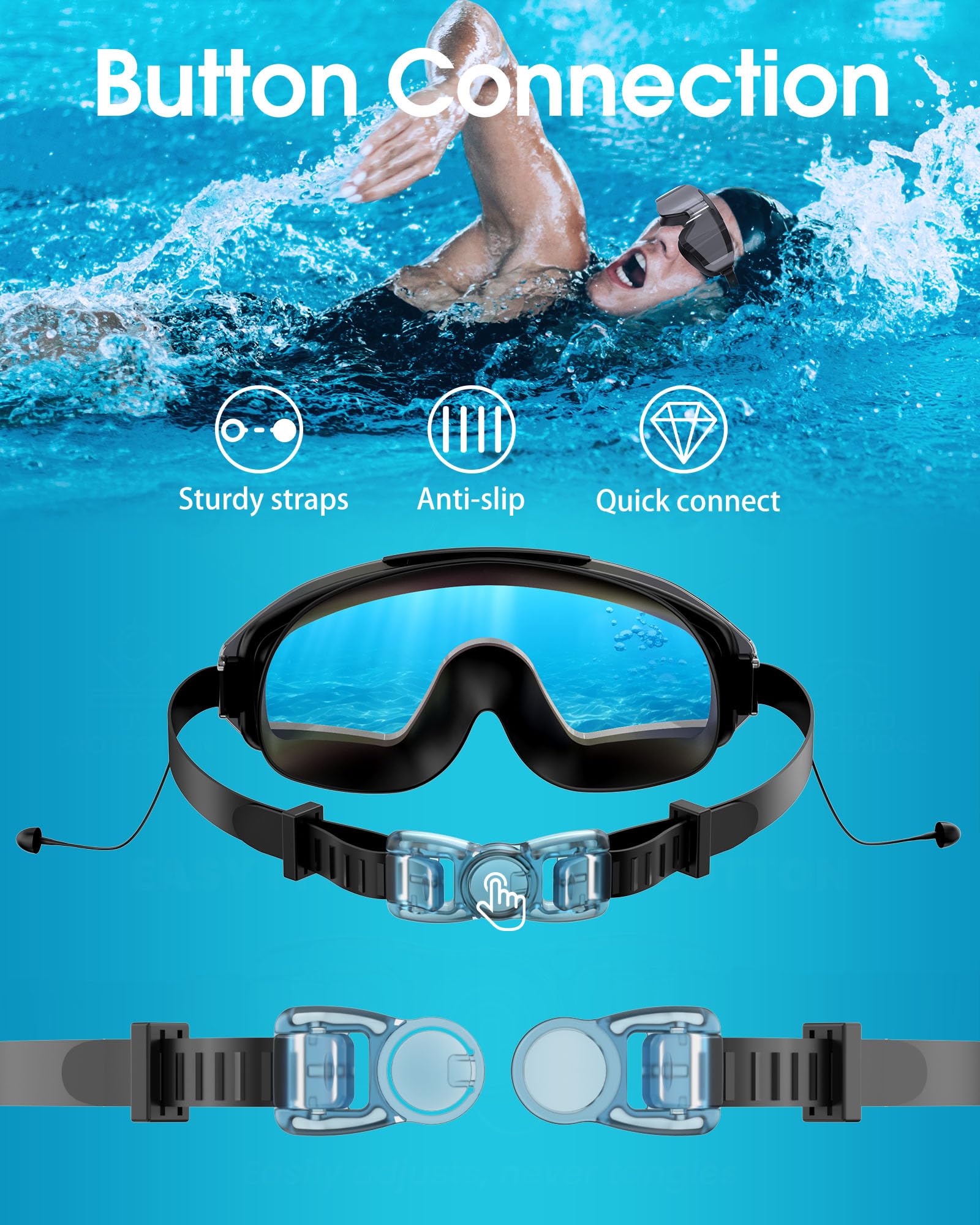 Occhialini da nuoto con auricolari, occhiali da nuoto anti-nebbia UV, occhiali da nuoto UV 3 colori per uomini, donne e bambini