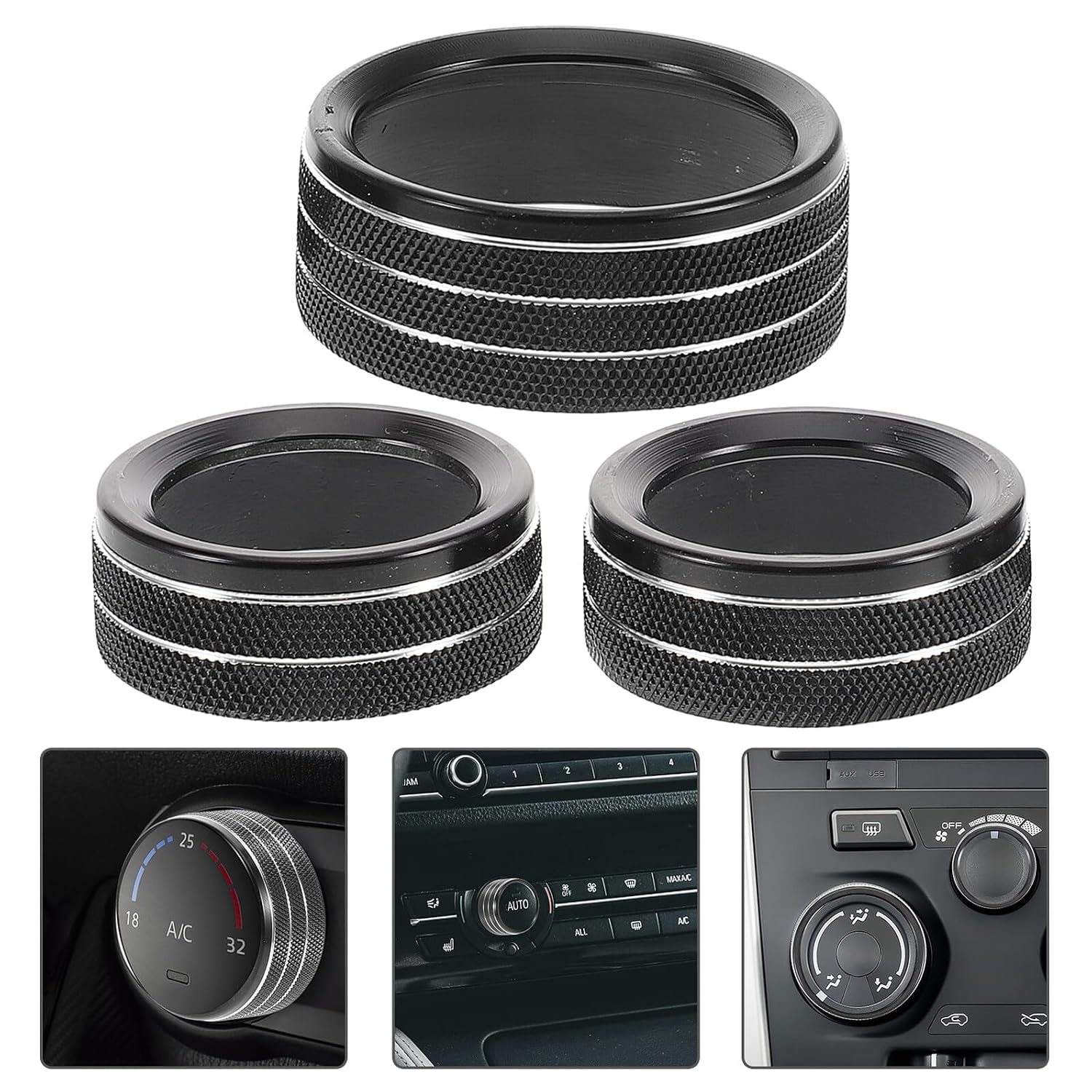 Car Air Conditioner Knob Cover 3pcs Set, Black Center Console Air Conditioning Switch Trim Rings Compatible with 2015-2020 Full-Size SUV Models, Automotive Interior Control