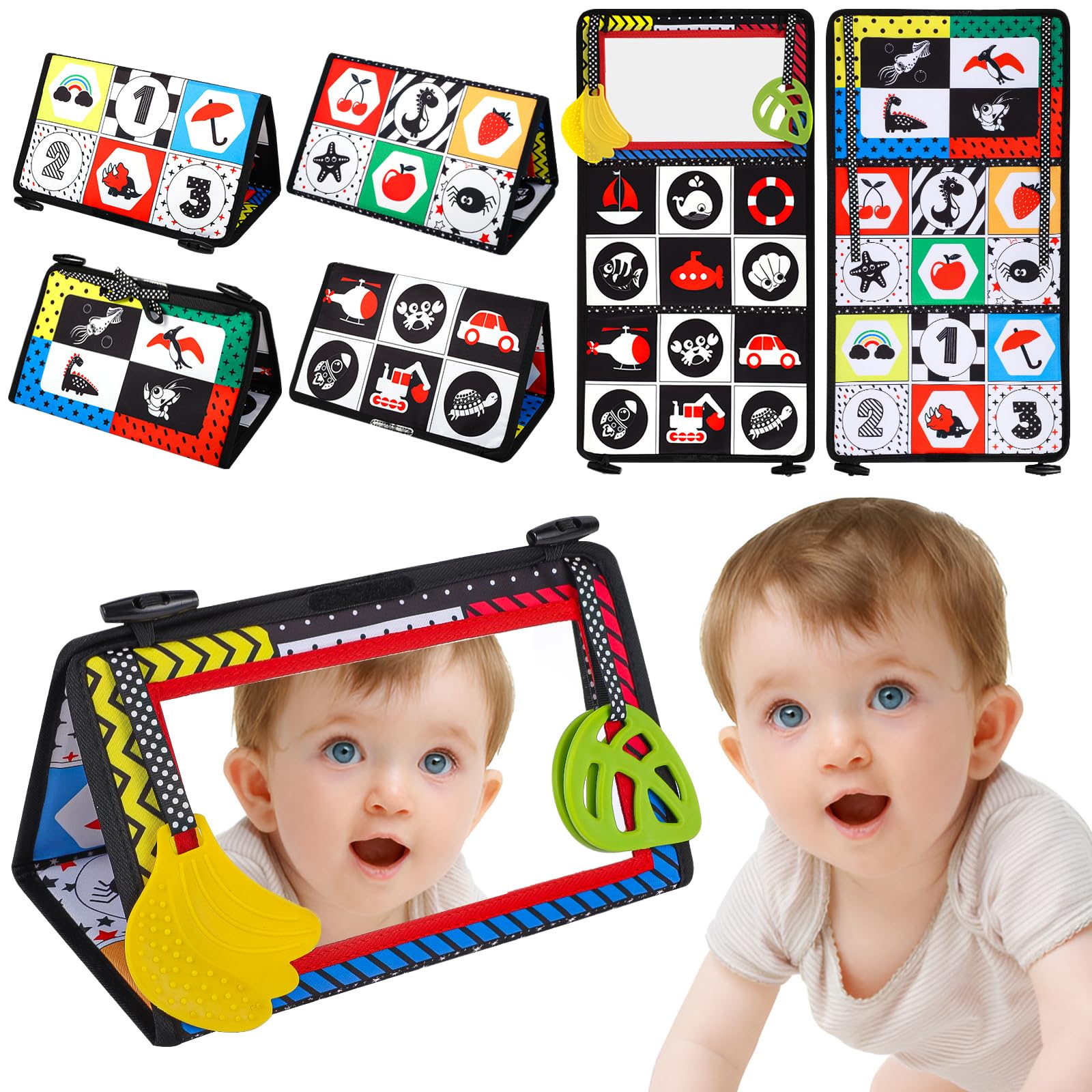 Lanjue Baby Tummy Time Mirror Toy, Flip Mirror High Contrast Sensory Toys Foldable Baby Toys with Teether for Newborn Infants 0-12 Months