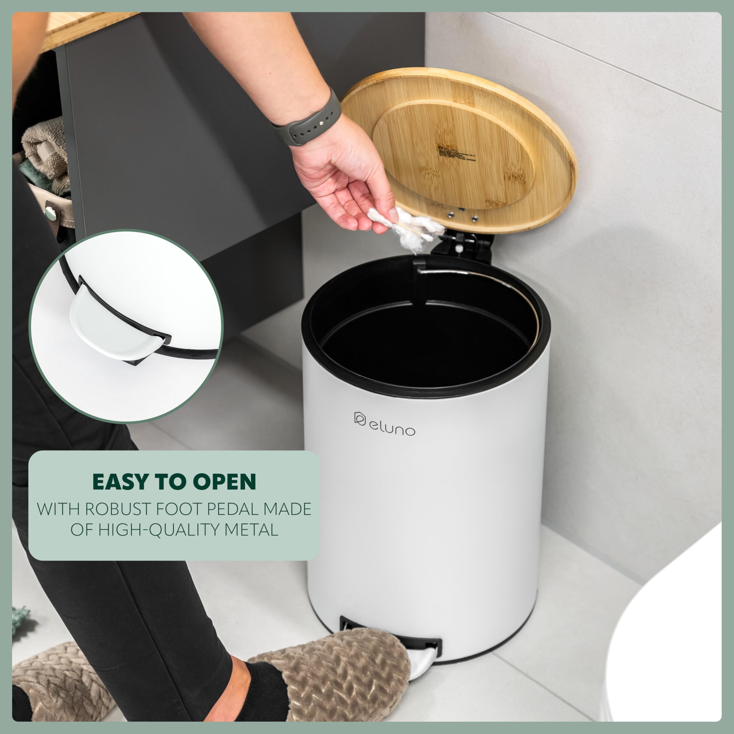 eluno Pattumiera a pedale, per cucina, bagno, camera da letto, con secchio interno in plastica rimovibile, colore: nero
