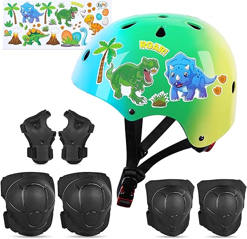 FIODAY Rodilleras para casco de bicicleta para niños, coderas, muñequeras con calcomanía de dinosaurio de bricolaje, conjunto de equipo de
