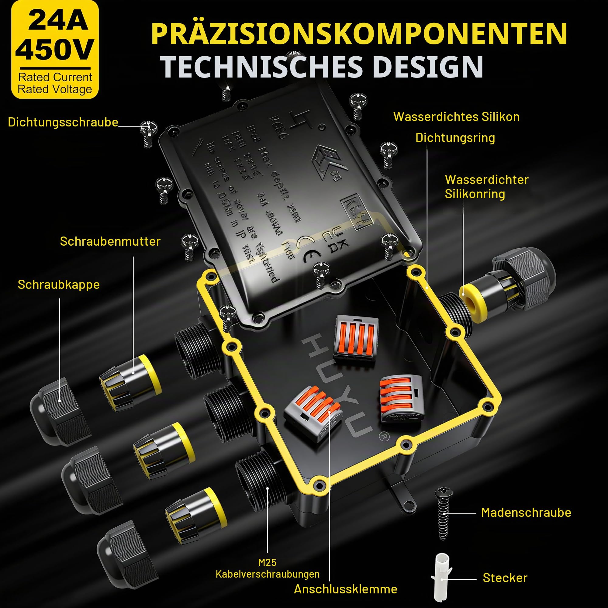 4 Wege Junction Box, IP68 Abzweigdose, HUYU wasserdichte Verteilerdose, Verbindungsdose Außen, Klemmdose mit M25, Klemmen, Elektrisches Kabel Wire Connector für Ø 4mm-14mm Kabeldurchmesser, 2 Stck.