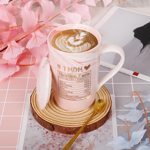Miniatura 2 de Taza de café para mamá, taza de café de 12 onzas con exquisita caja de cuchara de embalaje, taza de ideas divertidas de mármol de cerámica rosa,