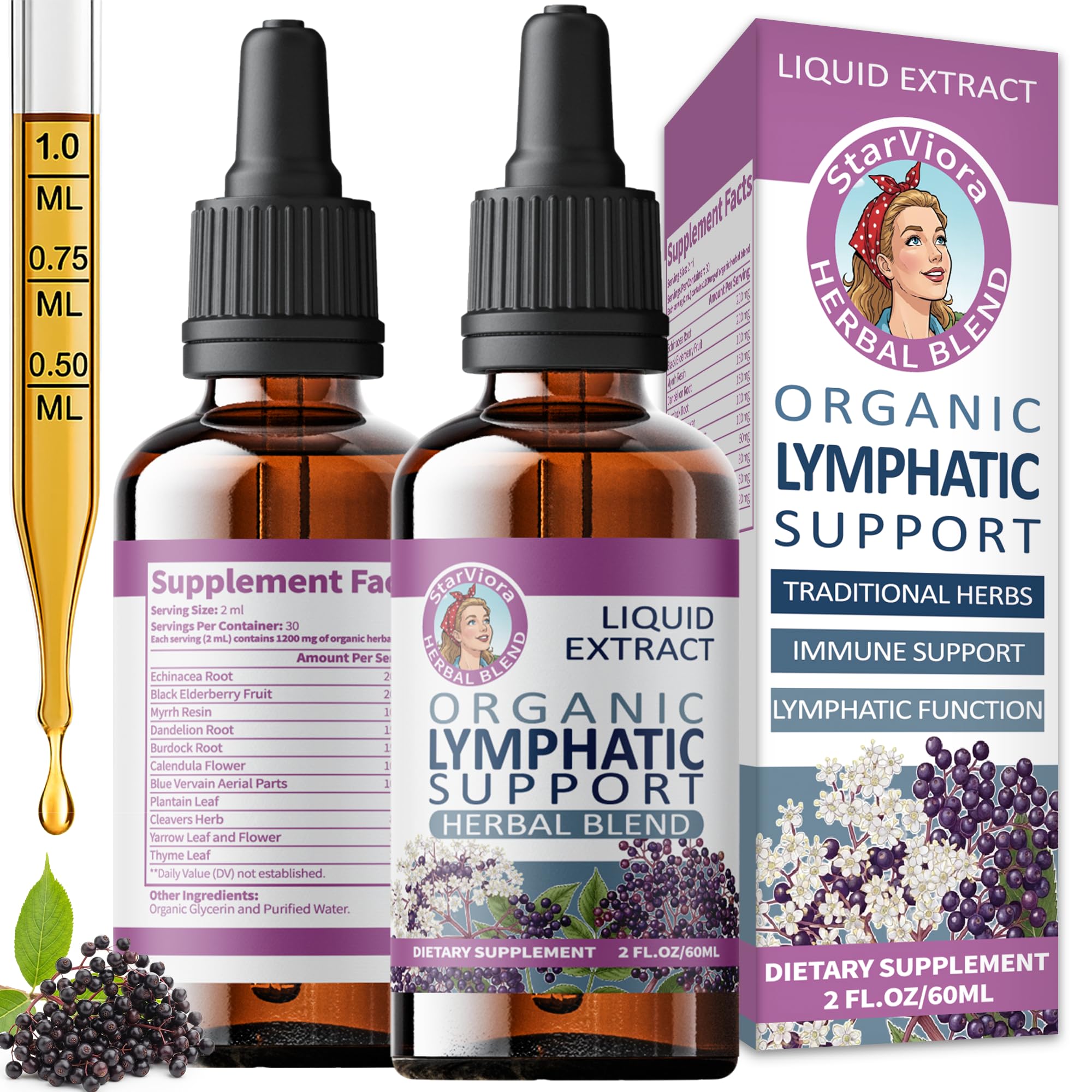 StarViora Suplemento Fitoterápico para o Sistema Linfático com Equinácea, Sabugueiro e Verbena-azul, 2 frascos de 120 mL