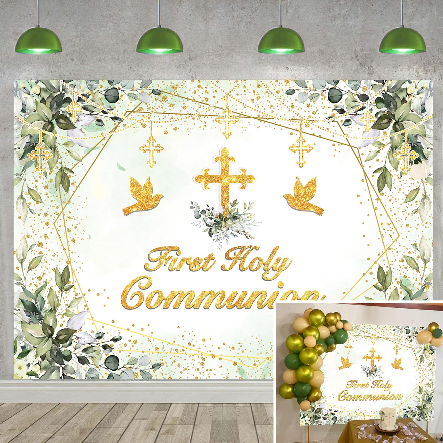 Fond de première communion, fond vert pour le baptême, bénédiction divine, croix dorée, feuilles vertes, fête de bébé neutre, décoration, fond (240 x 180 cm)