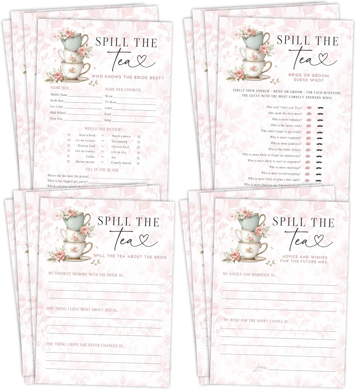 Spill The Tea Bridal Shower Games, 4 Fun Tea Party Bridal Shower Game Cards, 30 of Each Game, Who Knows the Bride Best, Bride or Groom Guess Who, Advice and Wishes, Memory Keepsake