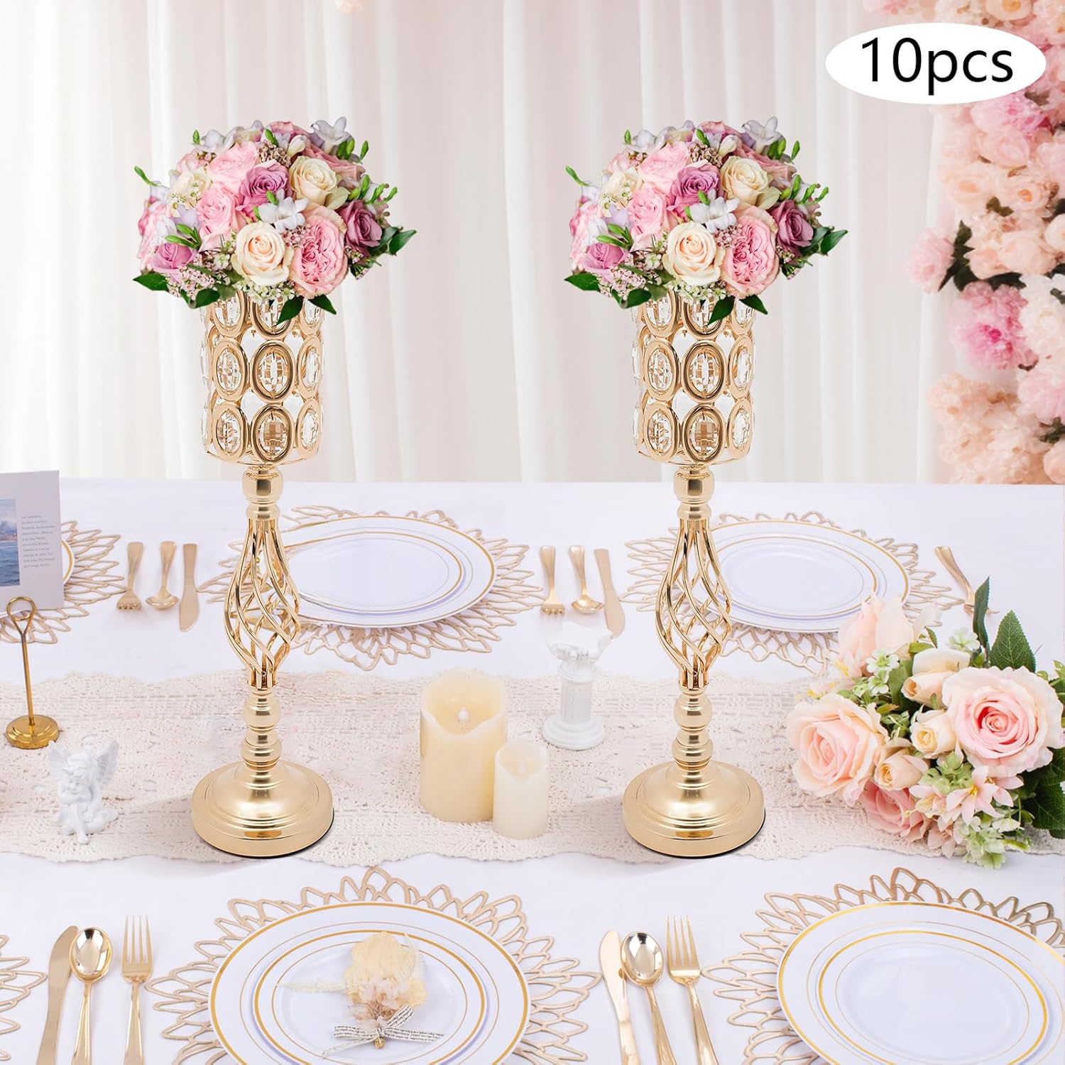 10PCS Gold Flower Vases Table Decorations, 24Inch Wedding Flower Vases Stand Set, Metal Trumpet Tall Vase for Event Restaurant Hotel Party Centerpieces, Vintage Style