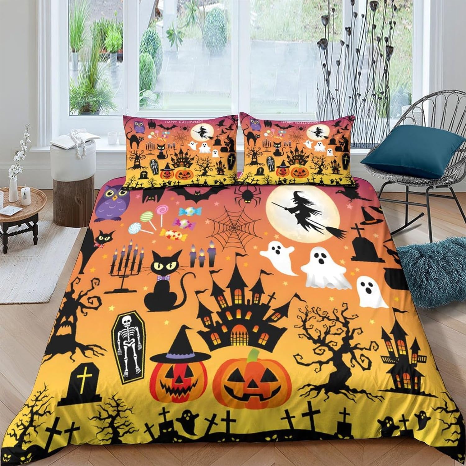 Halloween duvet set - soft microfiber bedding with ghost, witch, pumpkin and bat designs, perfect for kids with bold personalities super king duvet cover
