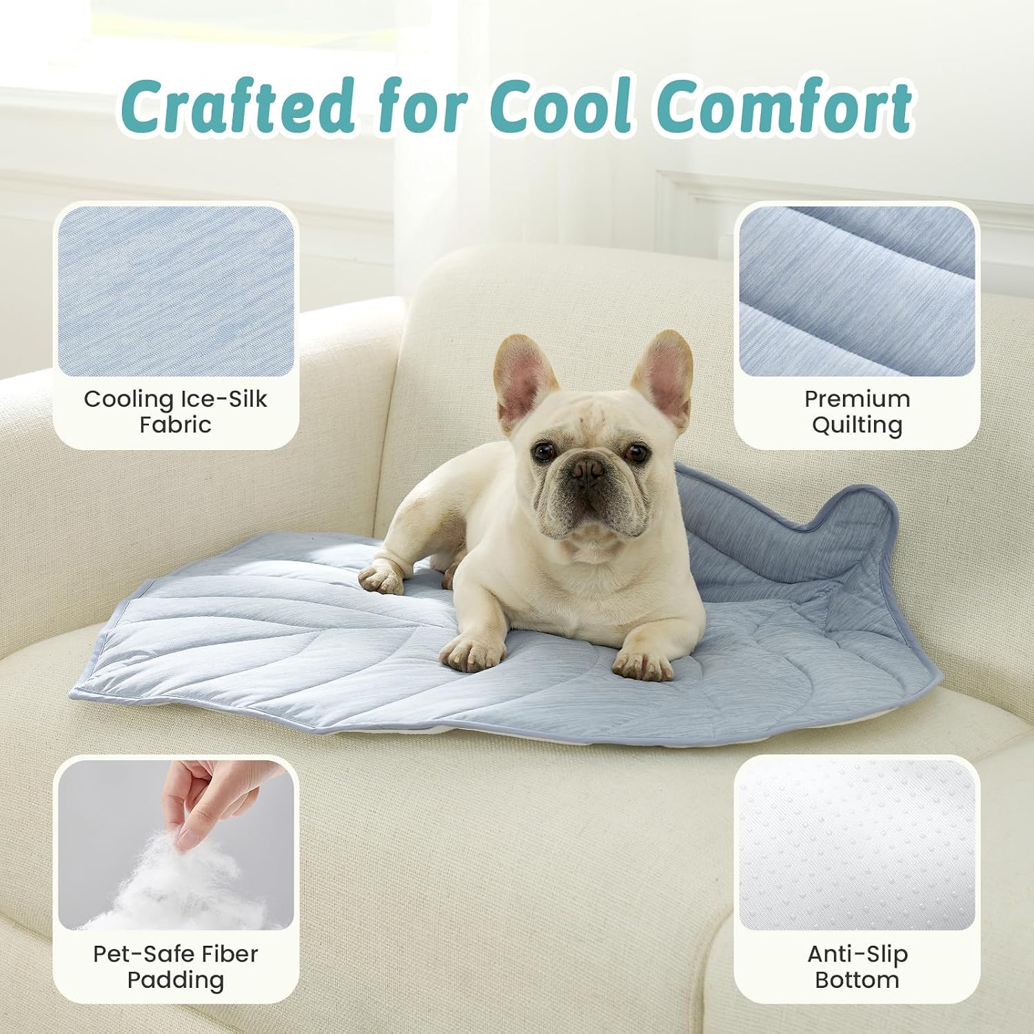COZY KISS Dog Cooling Mat, Q-Max > 0.4 Leaf Shaped Pet Pad, Liquid Pee Proof Summer Mat for Cats, Washable Sleep Blanket for Bed Couch Floor Indoor, 33x28 inch, Blue