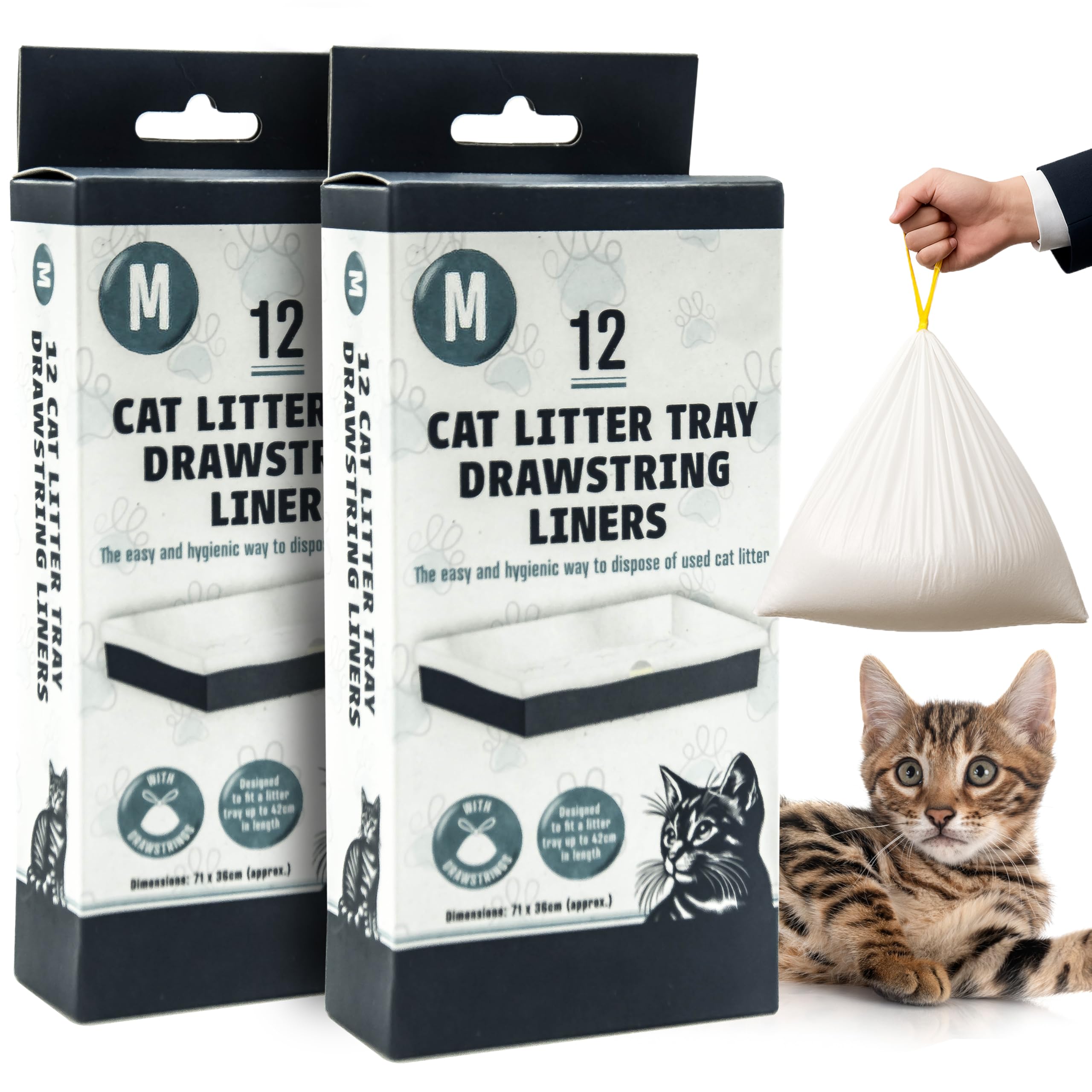 Petopedia White 24 Pack – Cat Litter Tray Liners With Drawstrings – Easy Pull-Up, Fits Most Kitten & Cats Trays Liner – Disposable Waste Bags – Portable, Leakproof, Strong, Travel (Medium (71Cm X 36Cm))