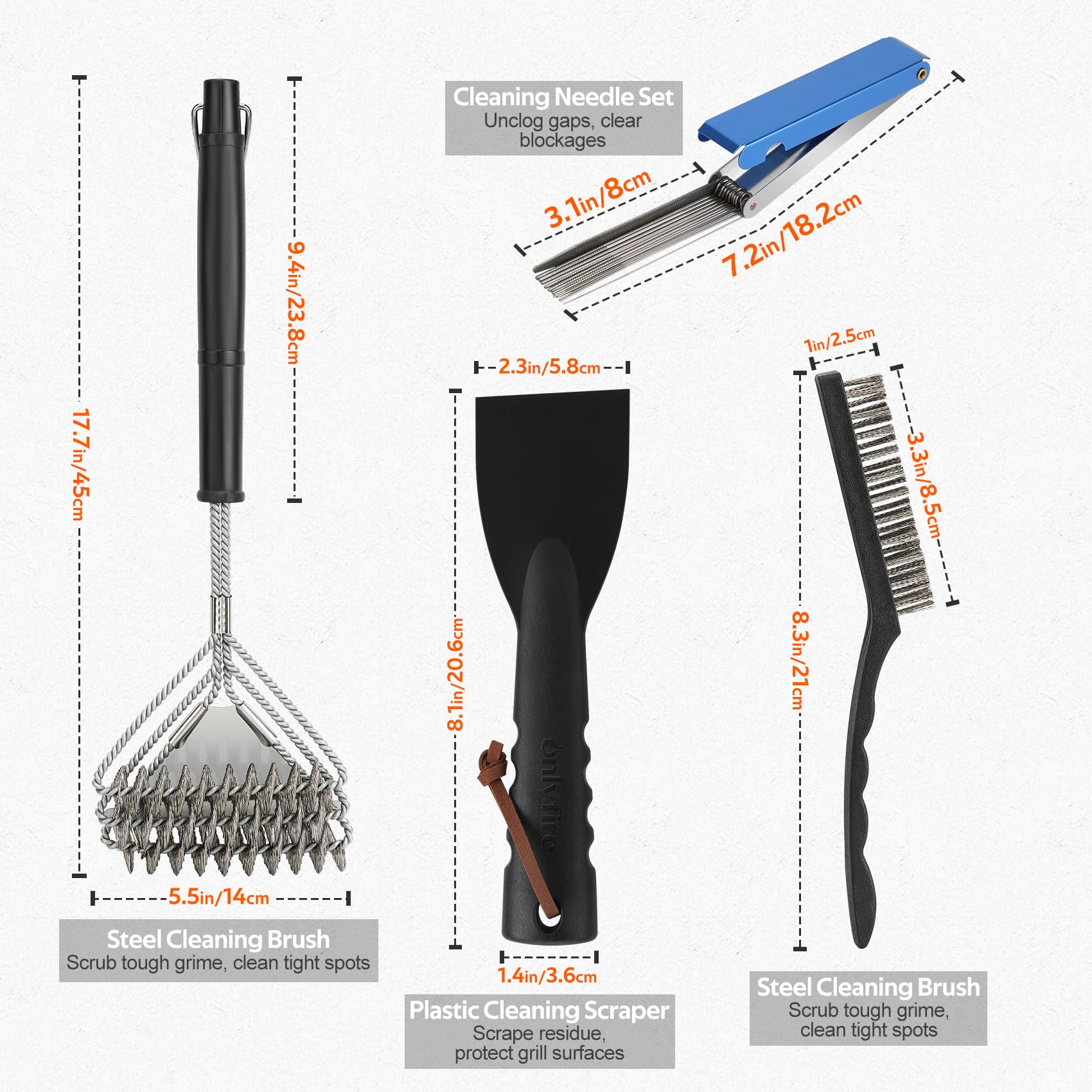 Onlyfire Kit de Nettoyage Barbecue INOX - 2 Brosses, 1 Grattoir, 13 Tiges pour BBQ Gaz, Charbon, Plancha