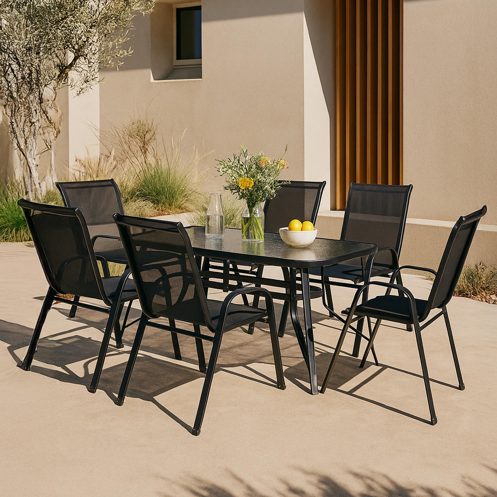 casa.pro Conjunto de Muebles de Jardin Exterior 7 Piezas Muebles de Terraza con 1 Mesa de Comedor 6 Sillas con Reposabrazos Acero Cristal Templado Textileno 70 x 140 x 70 cm - Negro
