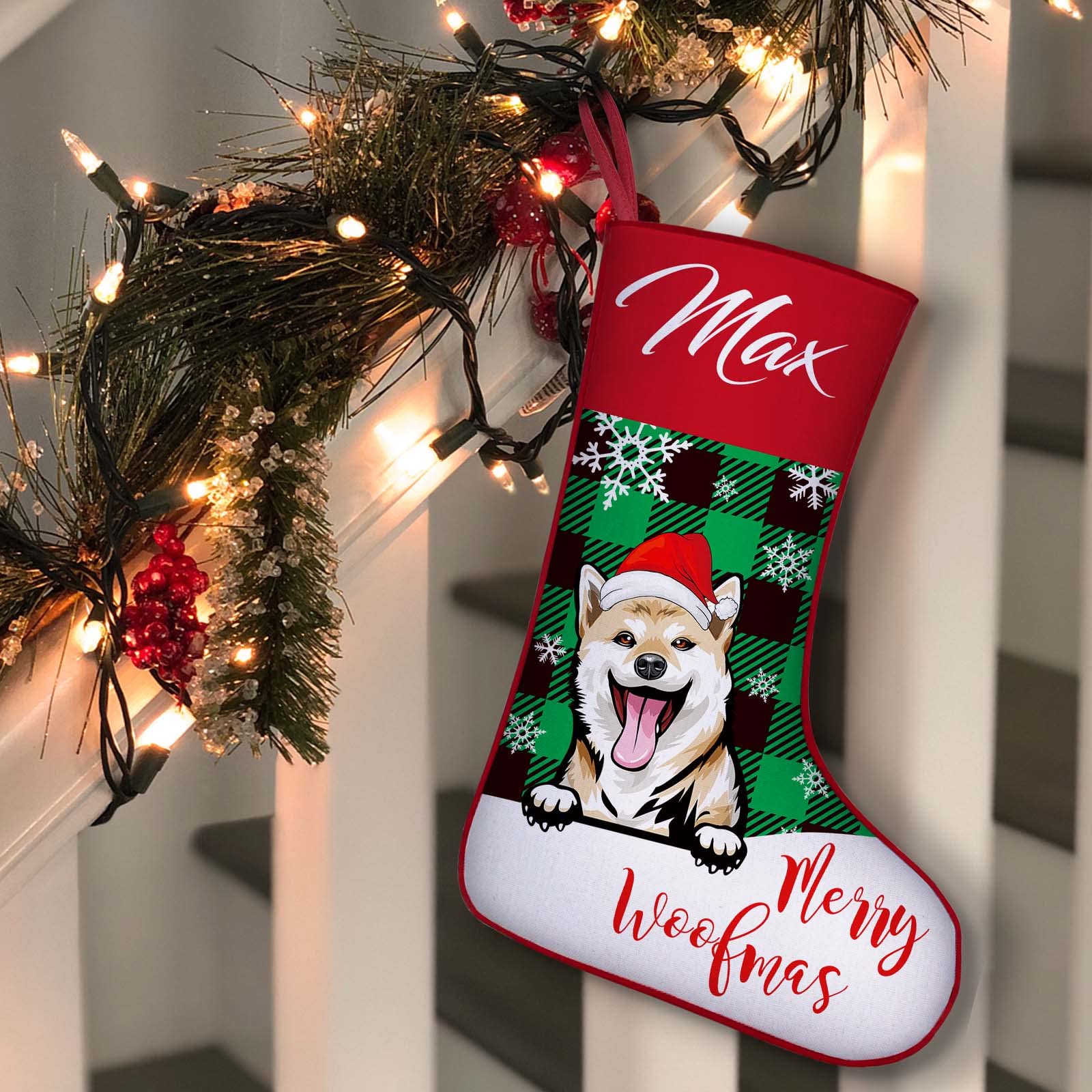 Xsersao Personalised Dog Stocking for Christmas Custom Dogs Xmas Stockings with Name Personalised for Puppy Pet Dog, Green, Snowflake, 43cm
