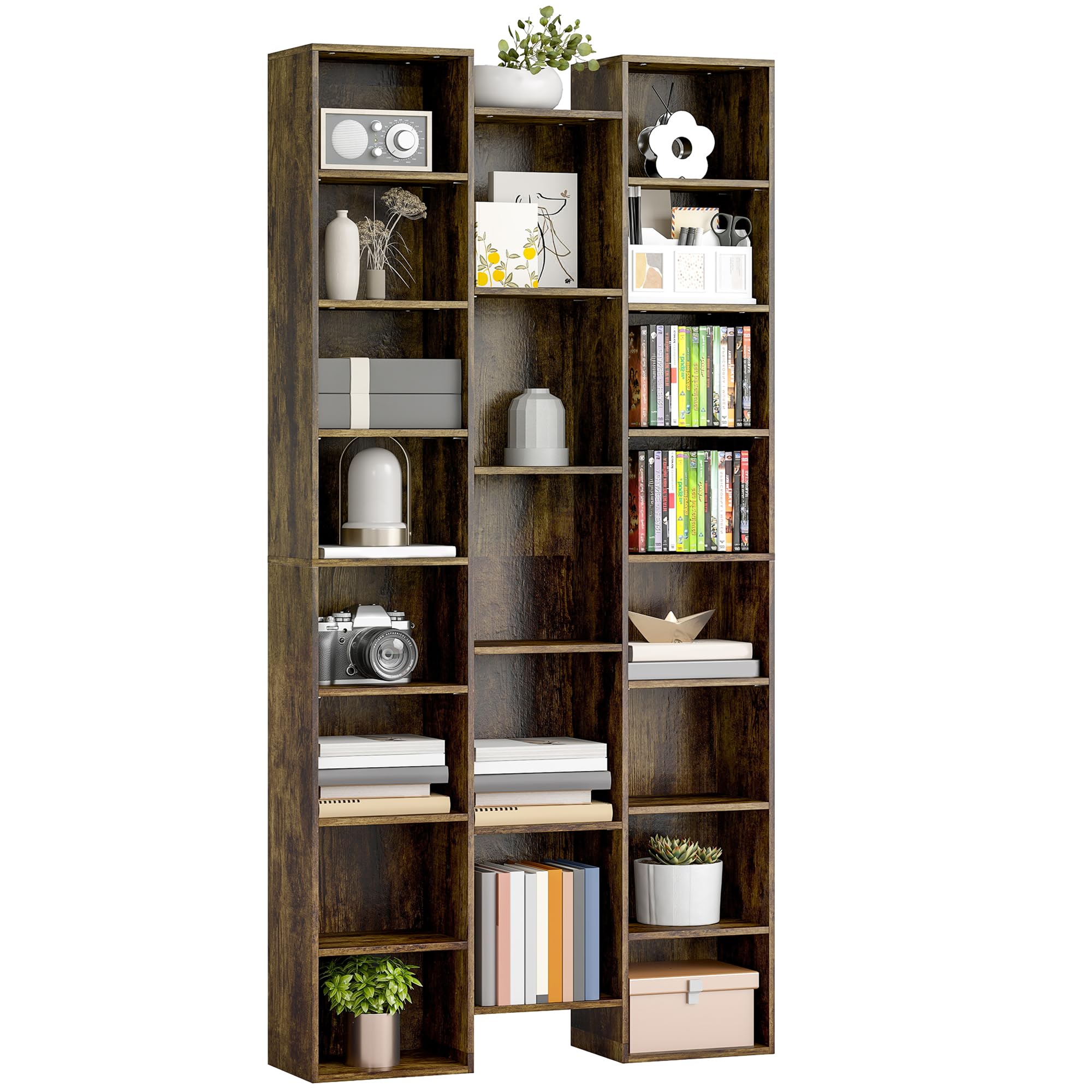 Homcom Brown Tall Bookshelf With 21 Compartments And 10 Adjustable Shelves