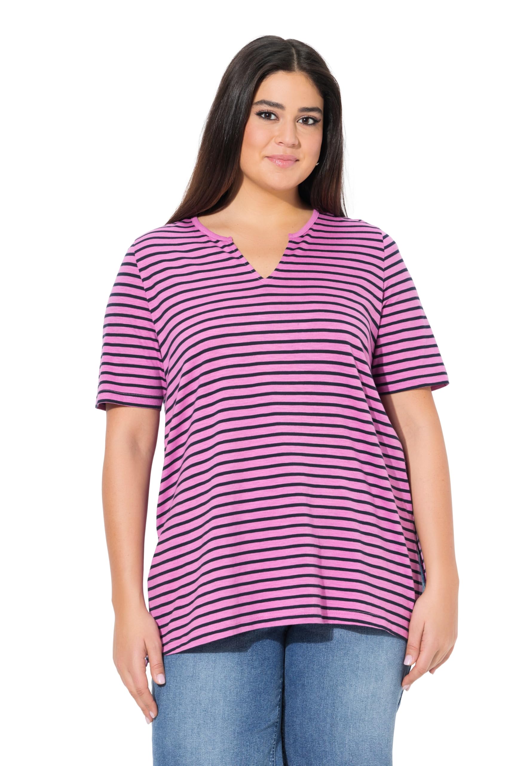 Ulla Popken Damen große Größen Übergrößen Plus Size Longshirt, Ringel, A-Linie, Rundhals, Halbarm 837972