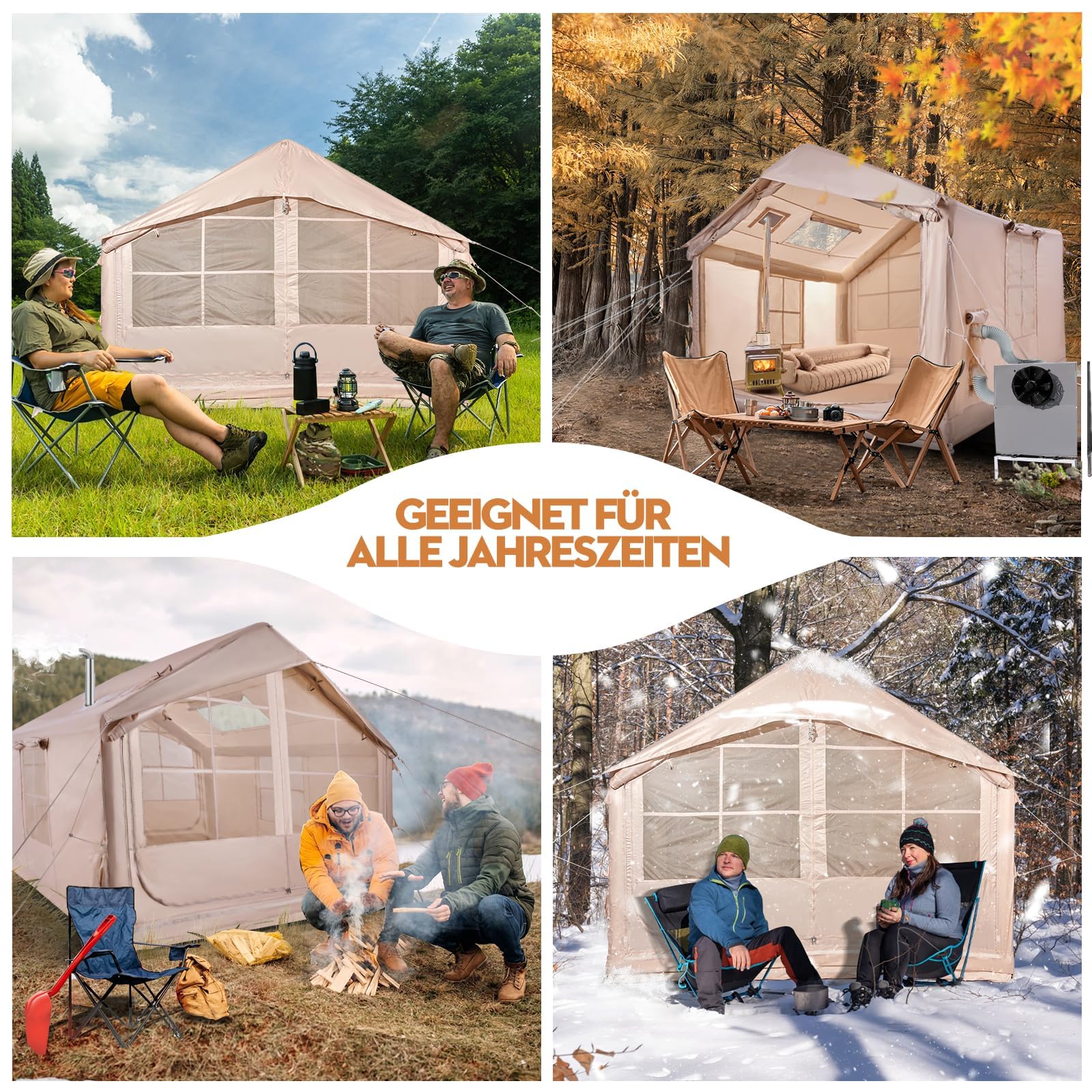 Tienda de campaña Hinchable de 2,5 m con Apertura de Chimenea y claraboya, Tienda de casa de Exterior Tienda para 2-6 Personas con Bomba de Aire, Tejido Oxford, 4 Estaciones, Impermeable