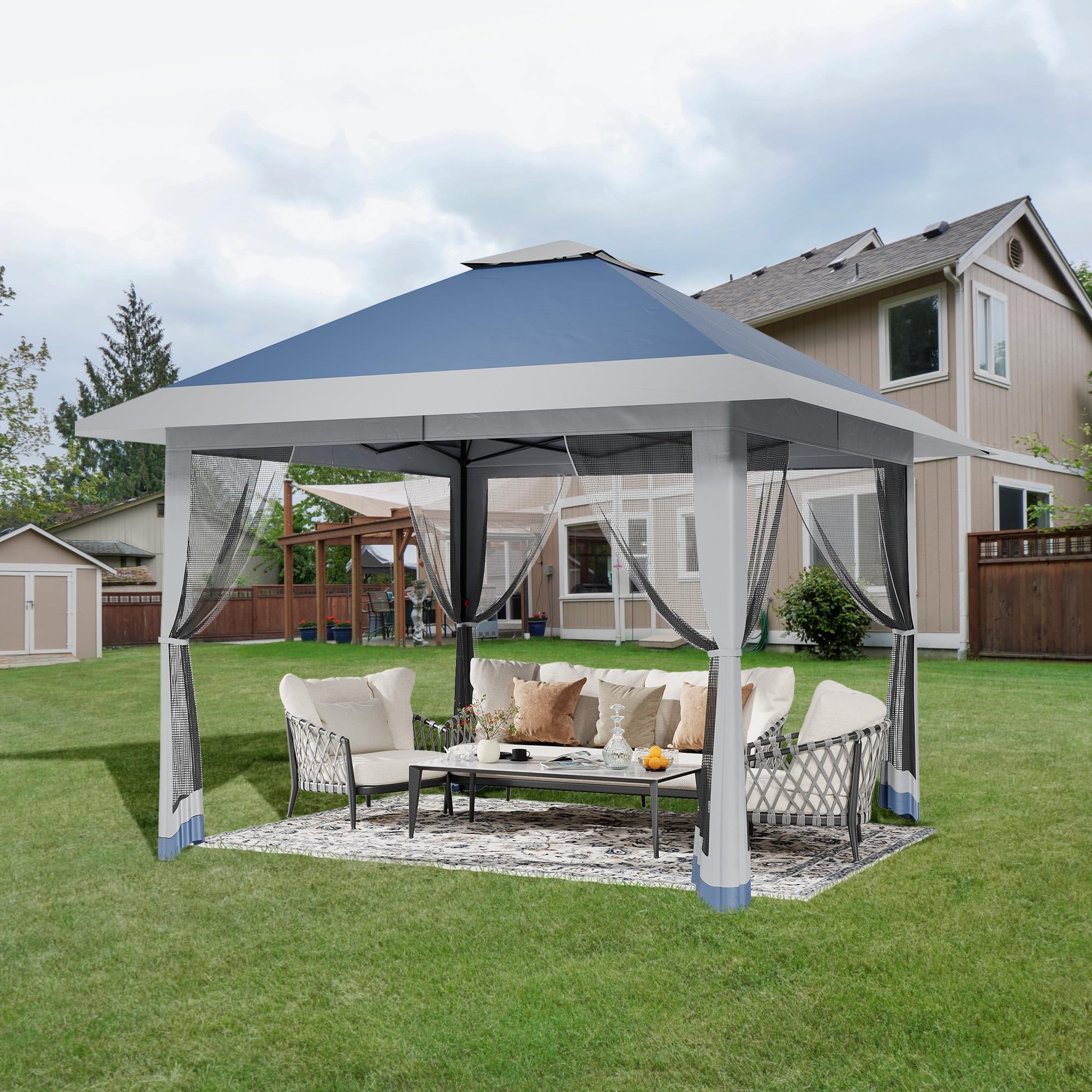 Garvee 4x4m Pop Up Gazebo with Sides Mosquito Net,Double Roof Party Tent with 3-Level Adjustable Height,Waterproof Outdoor Garden Shelter with UPF 50+ Canopy for Camping, BBQ,Weddings