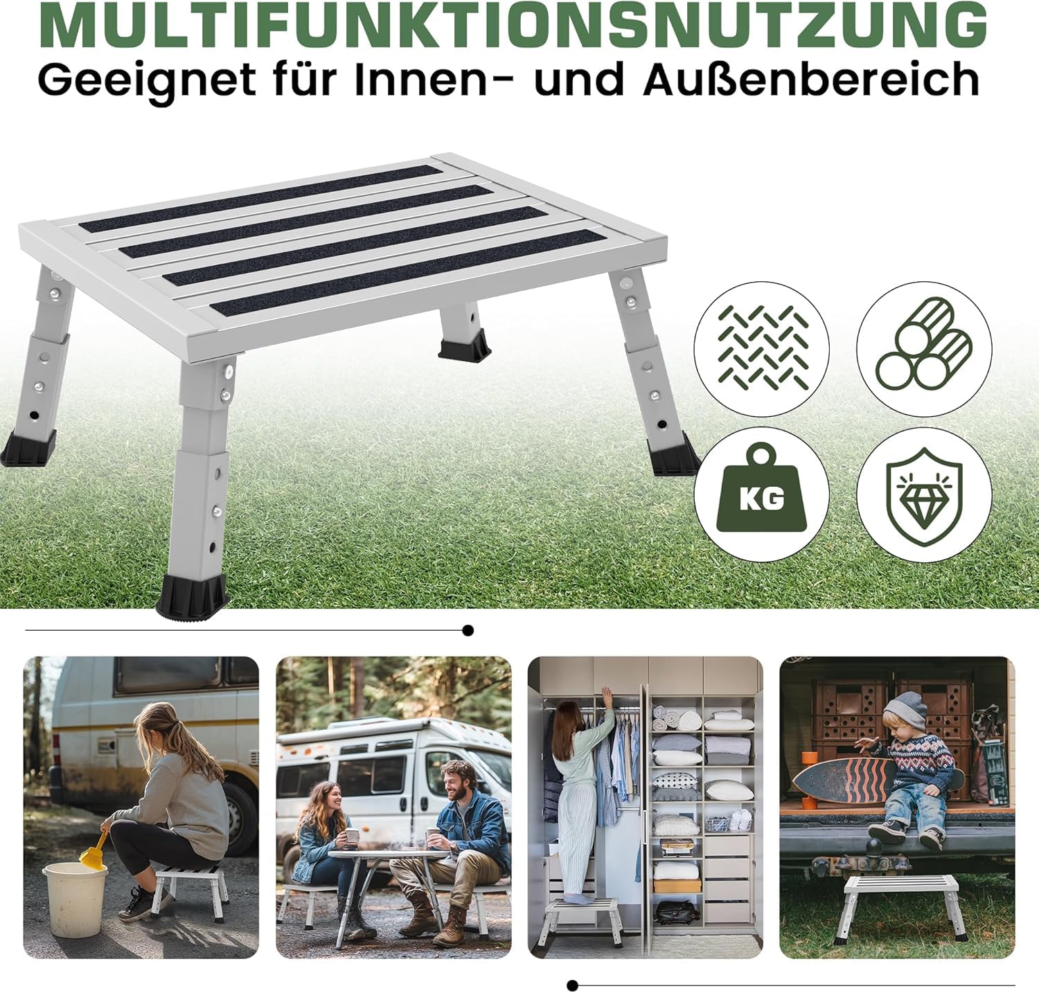 Aluminium Klapptritt Trittstufe, 3-stufige höhenverstellbare Anti-Rutsch Hockerleiter, 350 kg Belastung, Kippsicher &Leicht, für Camping, Küche und Wohnmobil Tritthocker(Grau)