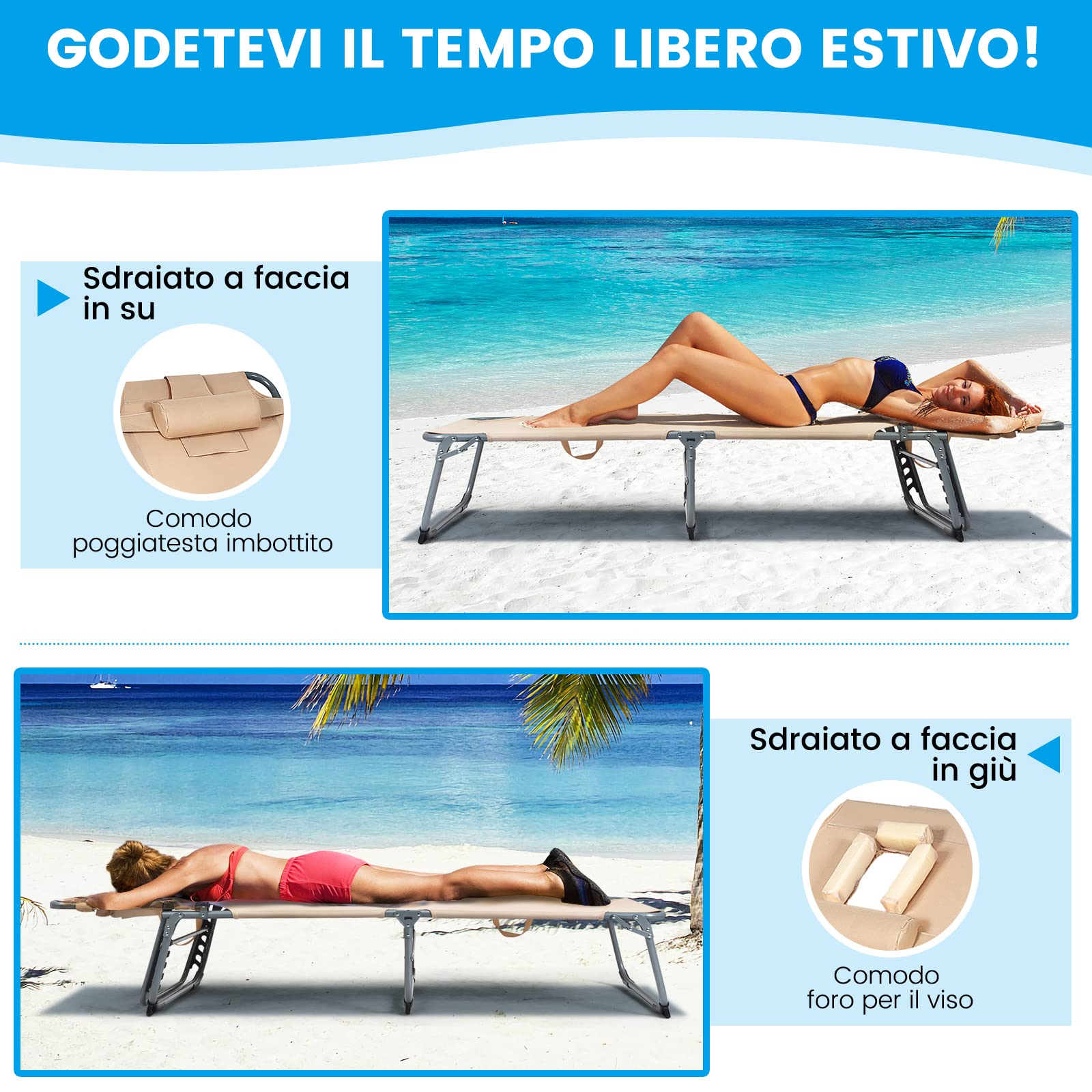 COSTWAY Lettino Prendisole da Spiaggia, Sdraio Mare Pieghevole Leggero con Foro per il Viso e Cuscino, Schienale Regolabile 5 Posizioni, Telaio in Alluminio, per Patio, Piscina e Campeggio (Beige)