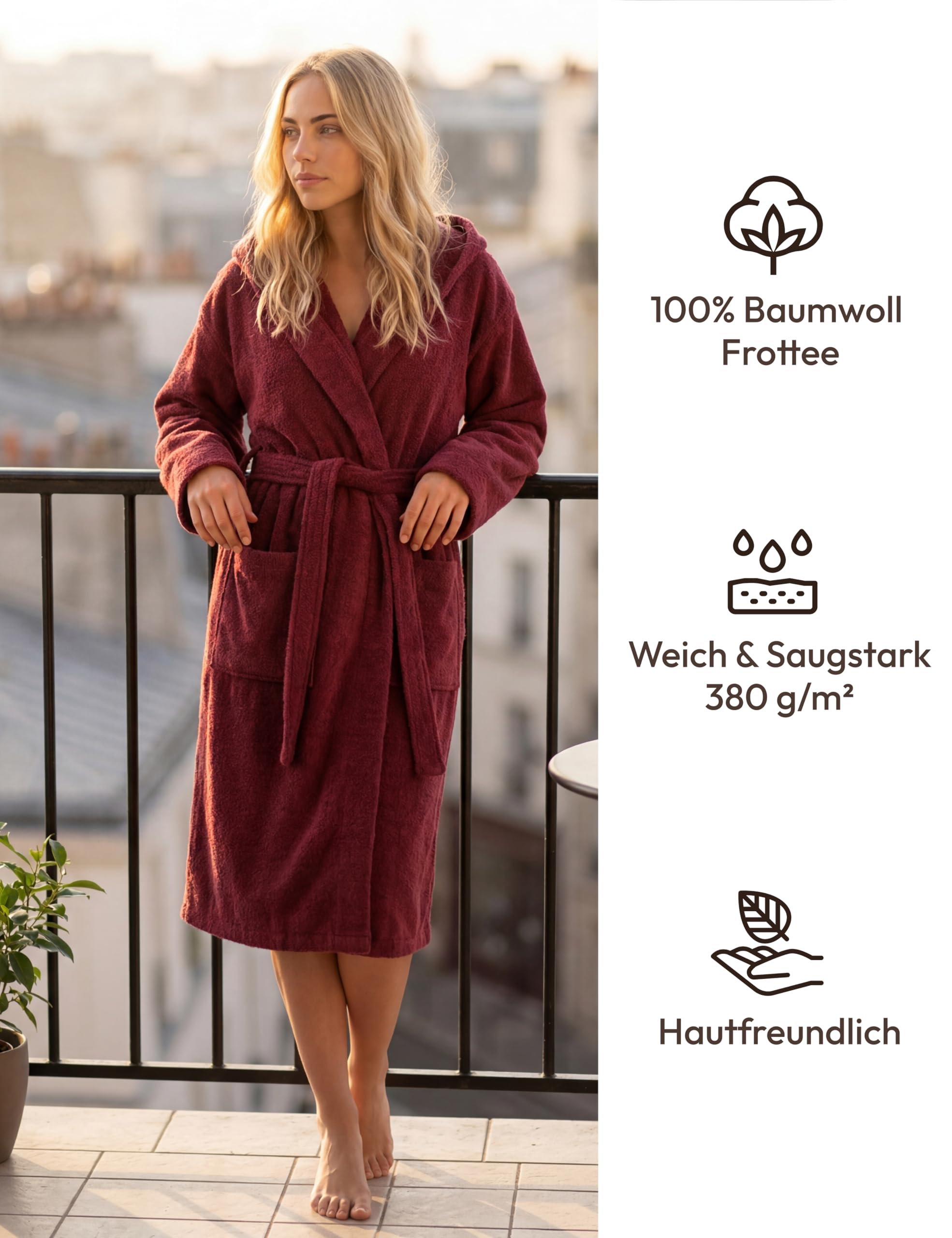 Peignoir Femme Mi-Long avec Capuche – 100% Coton Éponge 380 g/m² – Peignoir de Bain, Spa et Maison, Longueur Mi-Mollet, Doux, Absorbant, Tailles S–XXL