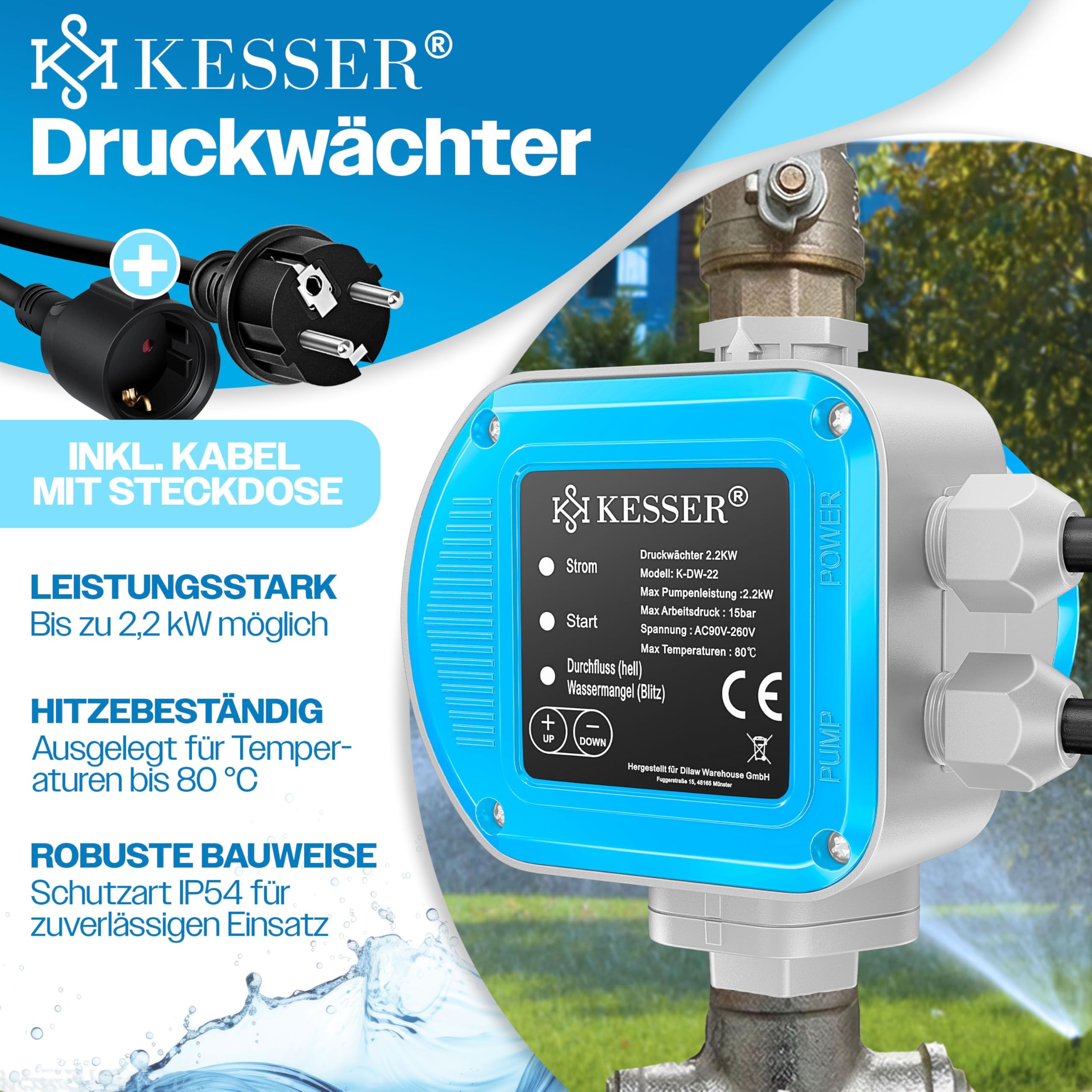 KESSER Pressostat - 15 bar - Contrôle de la pompe - Station d'eau domestique - Arrosage du jardin - Avec câble - Pression d'eau constante - Jardin et maison - Allumage et extinction automatiques