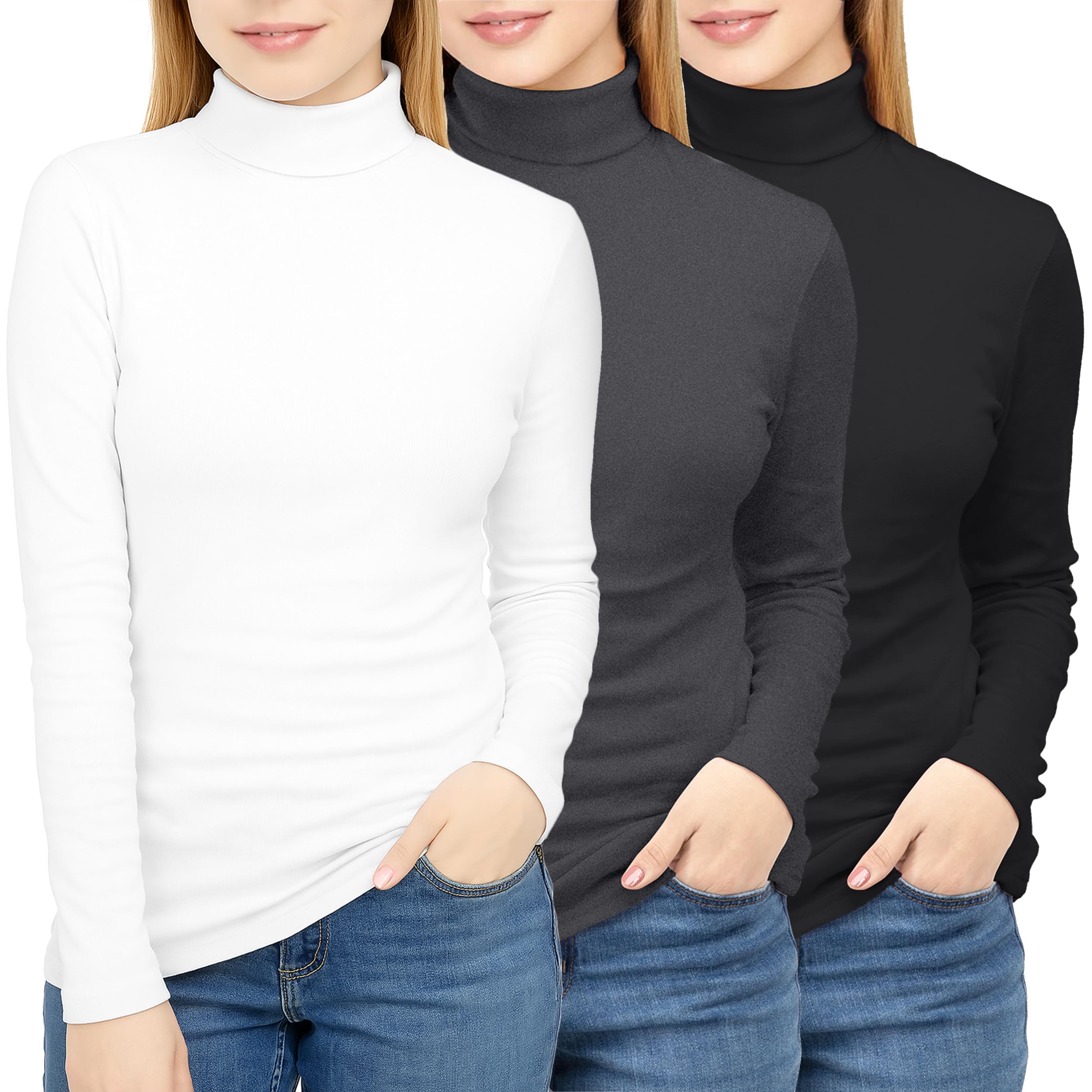 NY Threads 3 Pack Womens Turtleneck Long Sleeve Tops Slim Fit Thermal Underwear Shirts Turtle Neck for Women, X-Large, Black/White/Grey