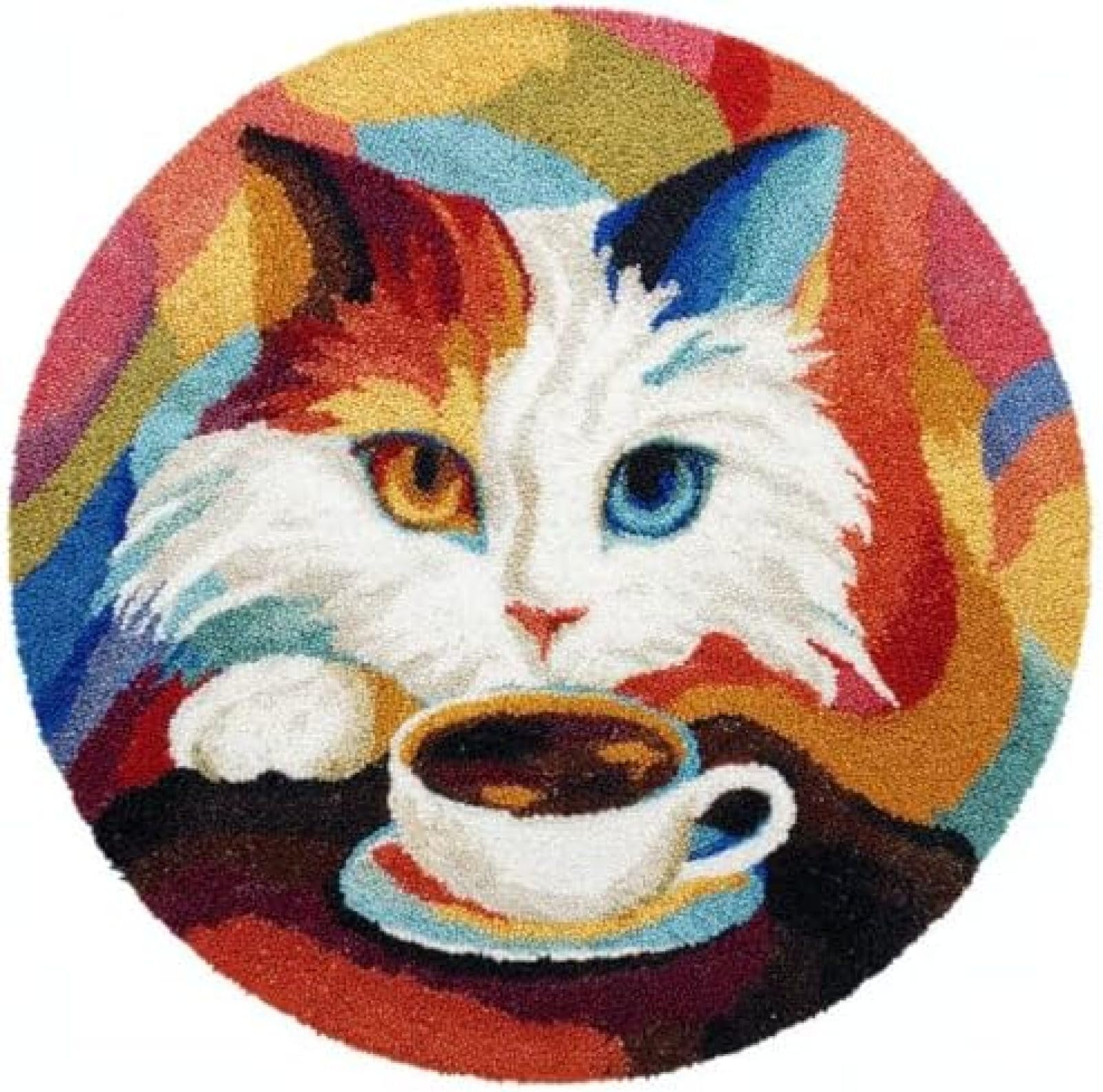 Latch Hook Rug Kit Turkish Van Cat Drink Coffee Round Rug 52x52cm