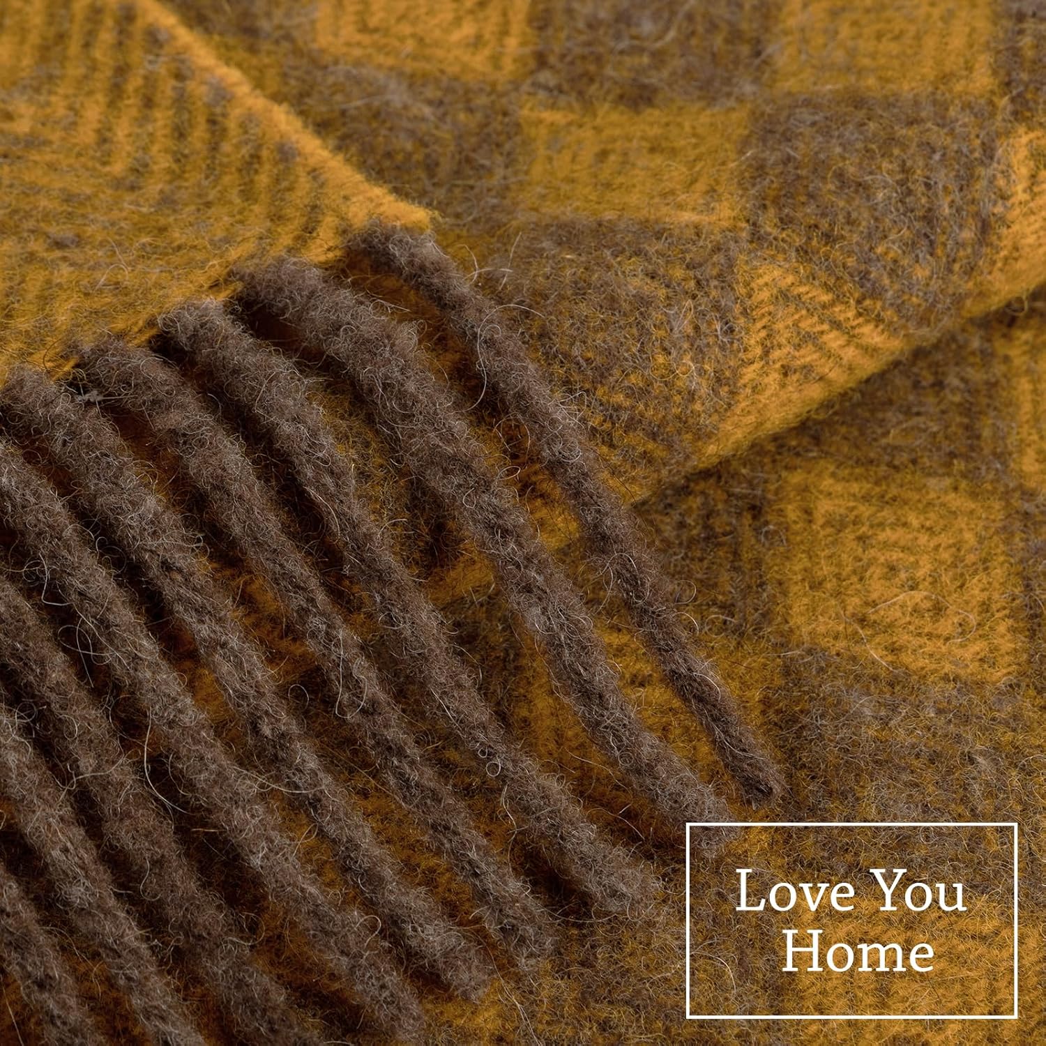 LYHome Wool Blanket 100% - Warm and Cozy Throw for Home Travel Outdoor Camping Picnic & Cold Weather, Decorative Blankets Couch Bed, Warmest Throws (55 x 79 in | Mustard - Brown Scandinavian Rhombus)