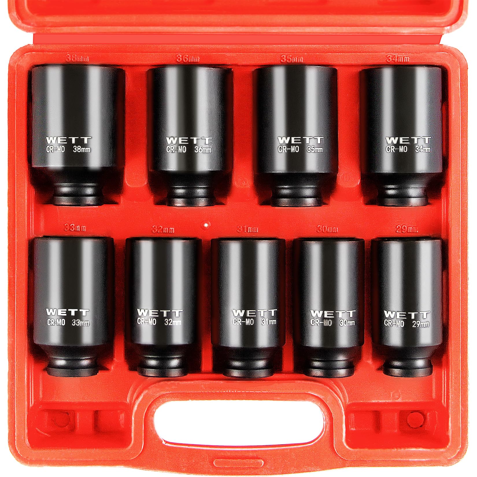 WETT 1/2" Drive Deep Large Impact Socket Set, 9-Piece Spindle Axle Nut Metric 6 Point Sockets Set, CR-MO, 29mm-38mm