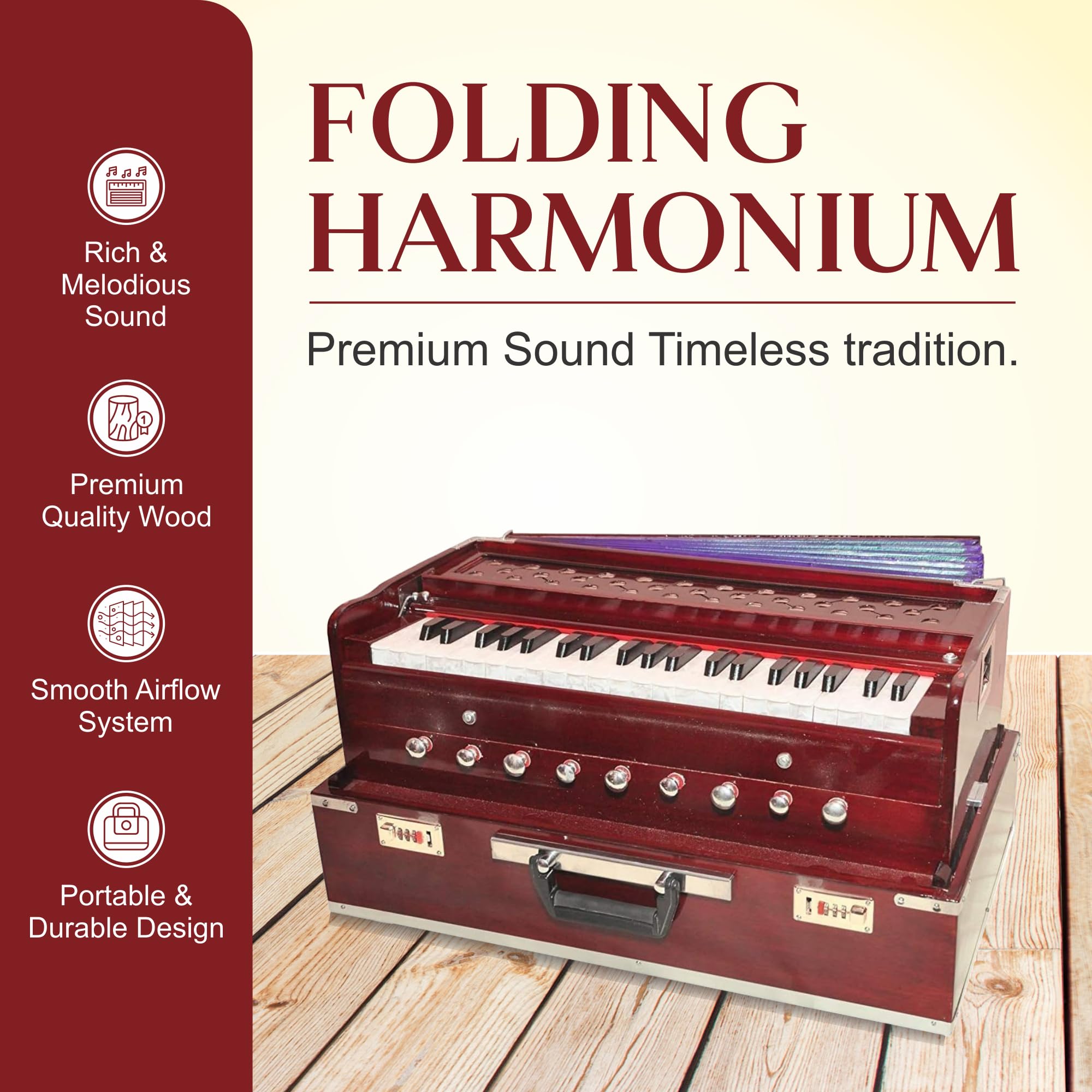 Chudidaar Harmonium 9 Stopper (tragbar), Chudidaar 7 Balg, 42 Tasten, zwei Blätter (Bass-Stecker), 3 1/2 Oktave, Koppler, Harmonium mit Abdeckung (Mahagonifarbe)
