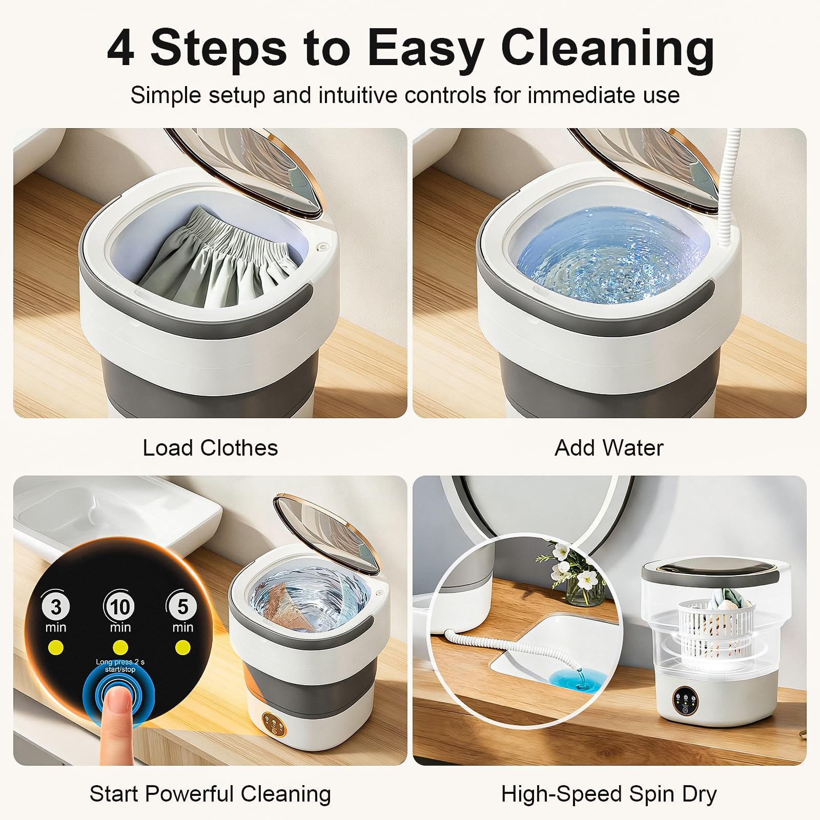 Portable Washing Machine - 20L Mini Foldable Washer with Spin Basket, 3 Cleaning Modes & Deep Cleaning for Small Clothes, Collapsible Laundry for Apartment, Home, Hotel and Travel (Gray) — view 9