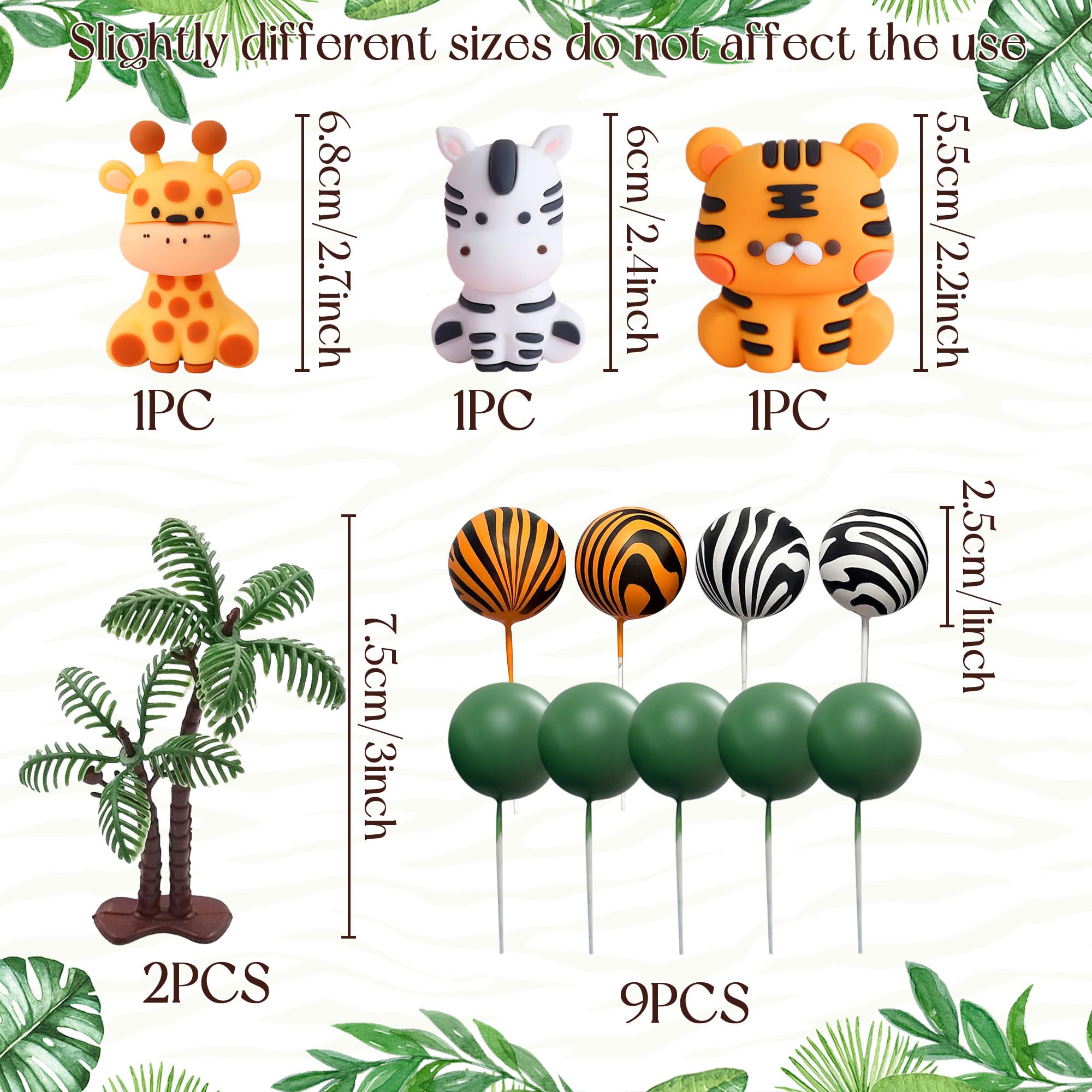 JeVenis Safari Baby Shower Cake Decoration: 3 x Jungle Animal Cake Toppers, 2 x Trees, 9 x Balls - Image 2