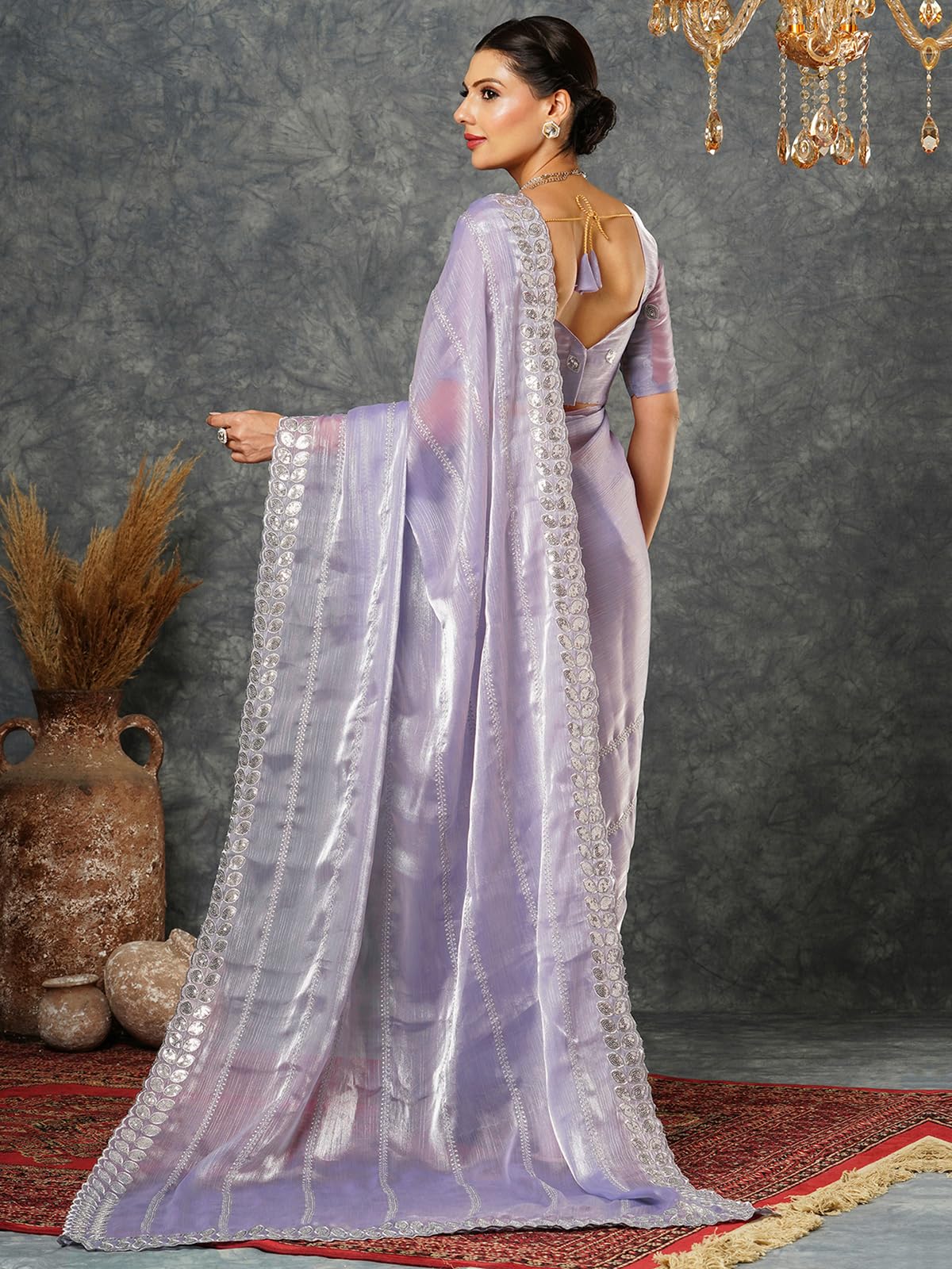 Satrani Women's Tissue Silk Sequence Embroidery Scalloped Border Saree With Unstitched Blouse Piece (3900S133N_Light Lavender)