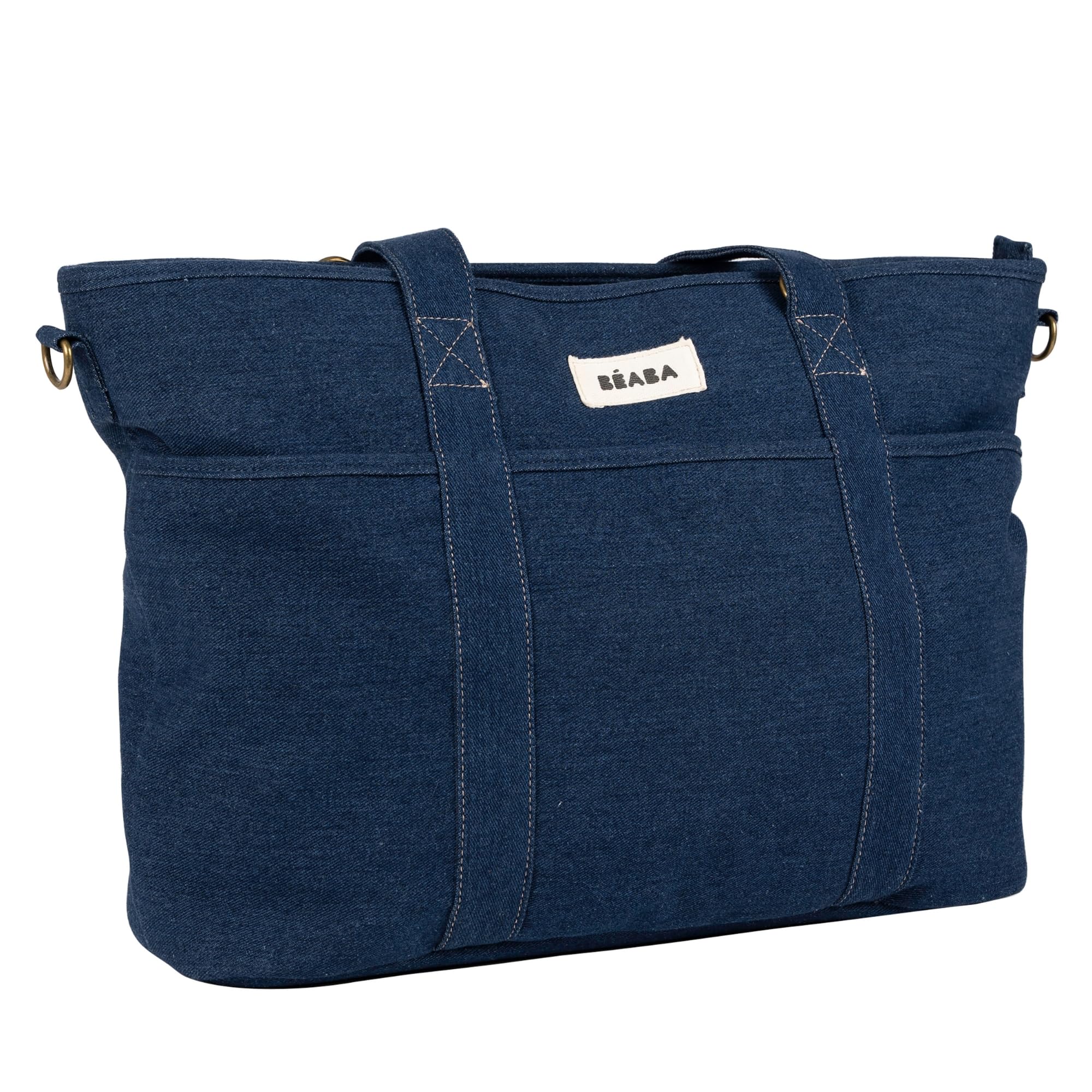 Béaba, Wickeltasche Madrid Modular 22L, großer Tote Bag, Baby-Wickeltasche für Eltern mit 11 Fächern, Isoliertasche, Kinderwagenbefestigung, Wickelunterlage, Denim