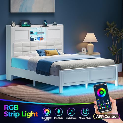 Miniatura 3 de Rolanstar Marco de cama tamaño individual con estación de carga, cabecera con estantería con luz LED y puertas correderas, cama de plataforma con