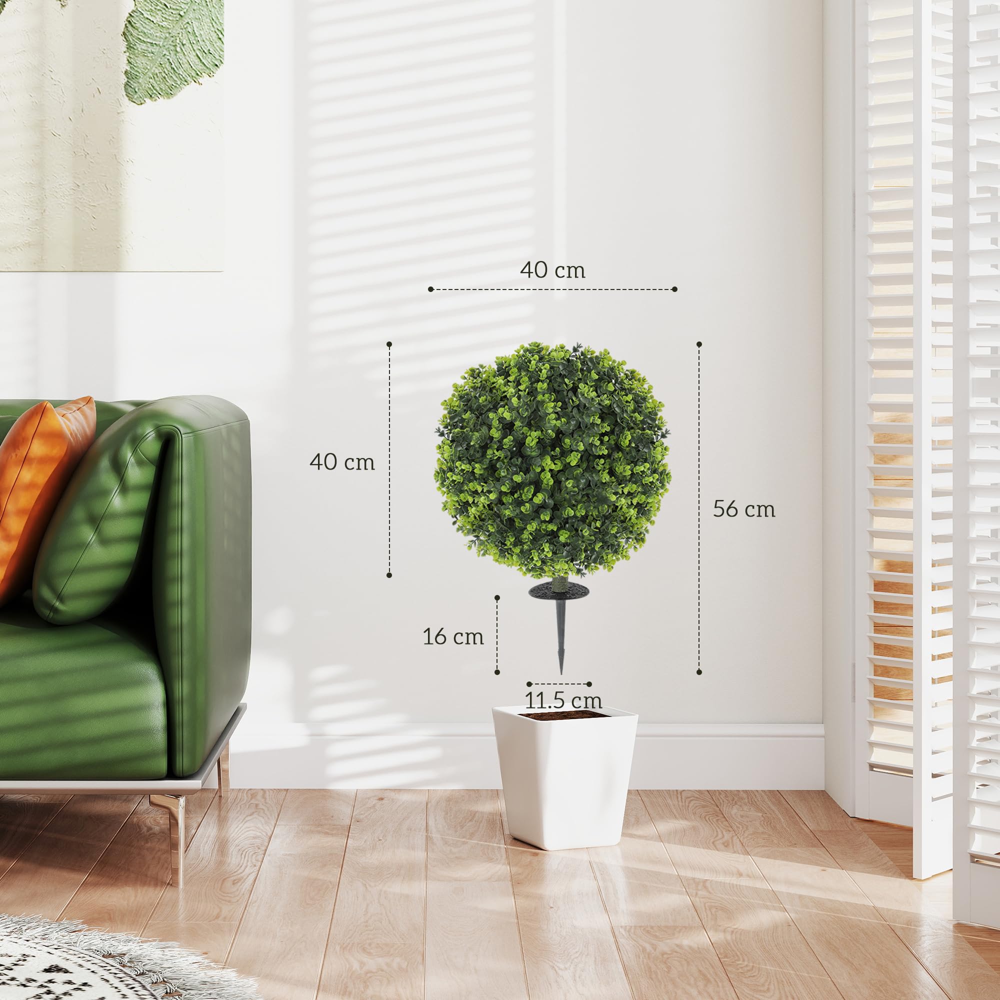 HOMCOM Künstlicher Buchsbaumkugeln Kunstpflanze mit Erdspieß 2er-Set 40 cm | Künstliche Pflanzen Plastik wie Echt Deko, UV-Schutz, für Wohnzimmer Schlafzimmer Büro Garten