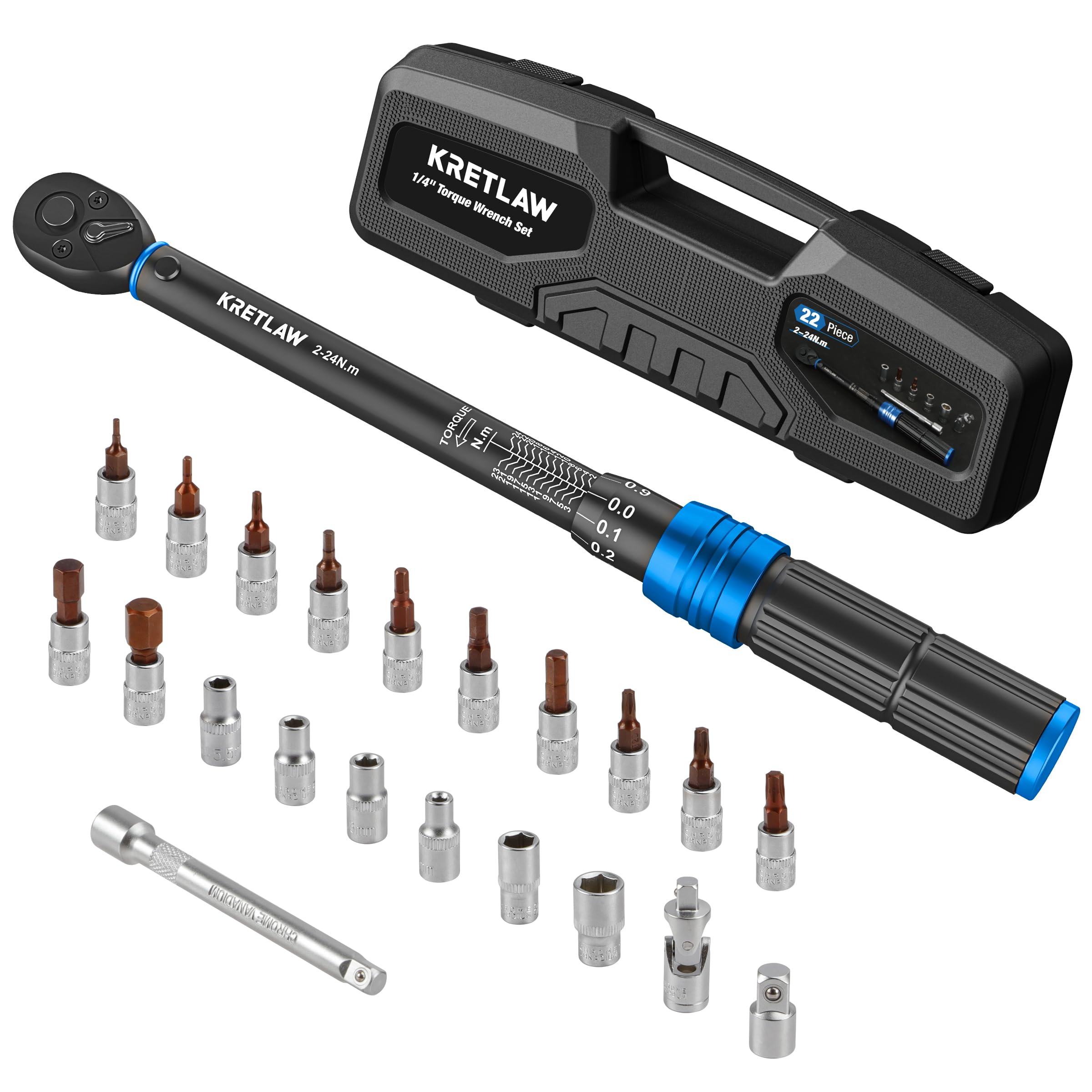 KRETLAW Juego de Llave Dinamométrica de 22 Piezas de 1/4", Reversible 2-24 Nm, Trinquete de 72 Dientes con Click, Precisión ±3% con Extensiones, Vasos, Adaptador para Bicicleta, con Estuche