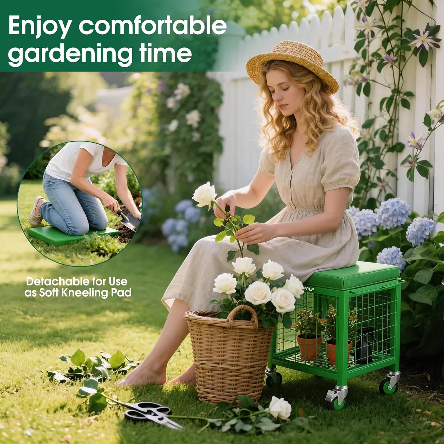 3 IN 1 Rolling Garden Cart with Kneeler and Seat on Wheels, Heavy Duty 500 Lbs Upgraded Garden Work Seat, Metal Garden Stools for Seniors, Multifunctional for Lawn/Patio/Backyard Outdoor Use