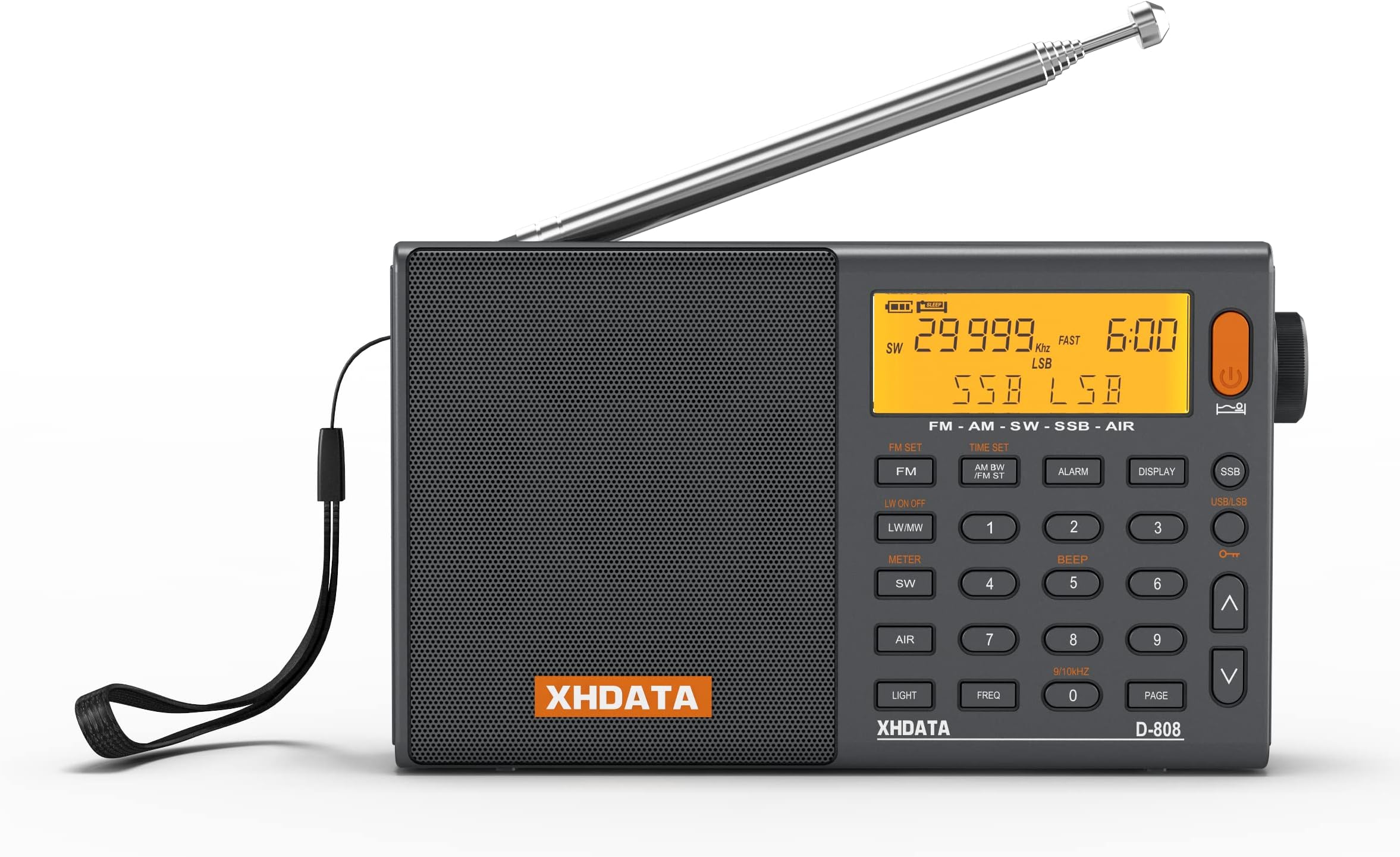 XHDATA D808 ポータブル AM FM SW LW エアバンドラジオ SSB RDS マルチバンドラジオスピーカー LCDディスプレイ付き目覚まし時計外部アンテナ(グレー)