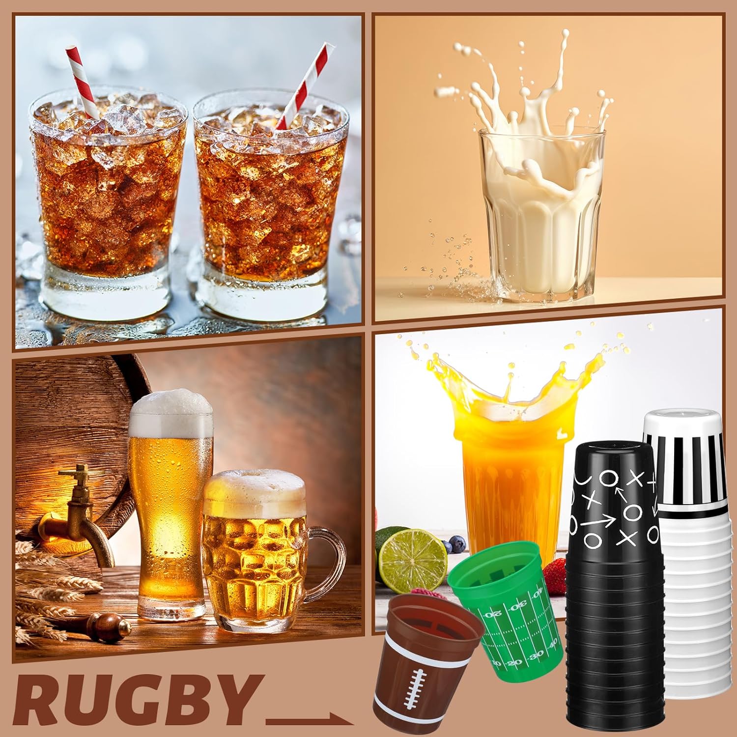 Tioncy 48 Pack Football Plastic Cups 16 oz Football Theme Reusable Cups 4 Designs Plastic Drinking Glass Bulk Assorted Sports Rugby Party Supply Drinkware for Coffee Beer Cream Snacks