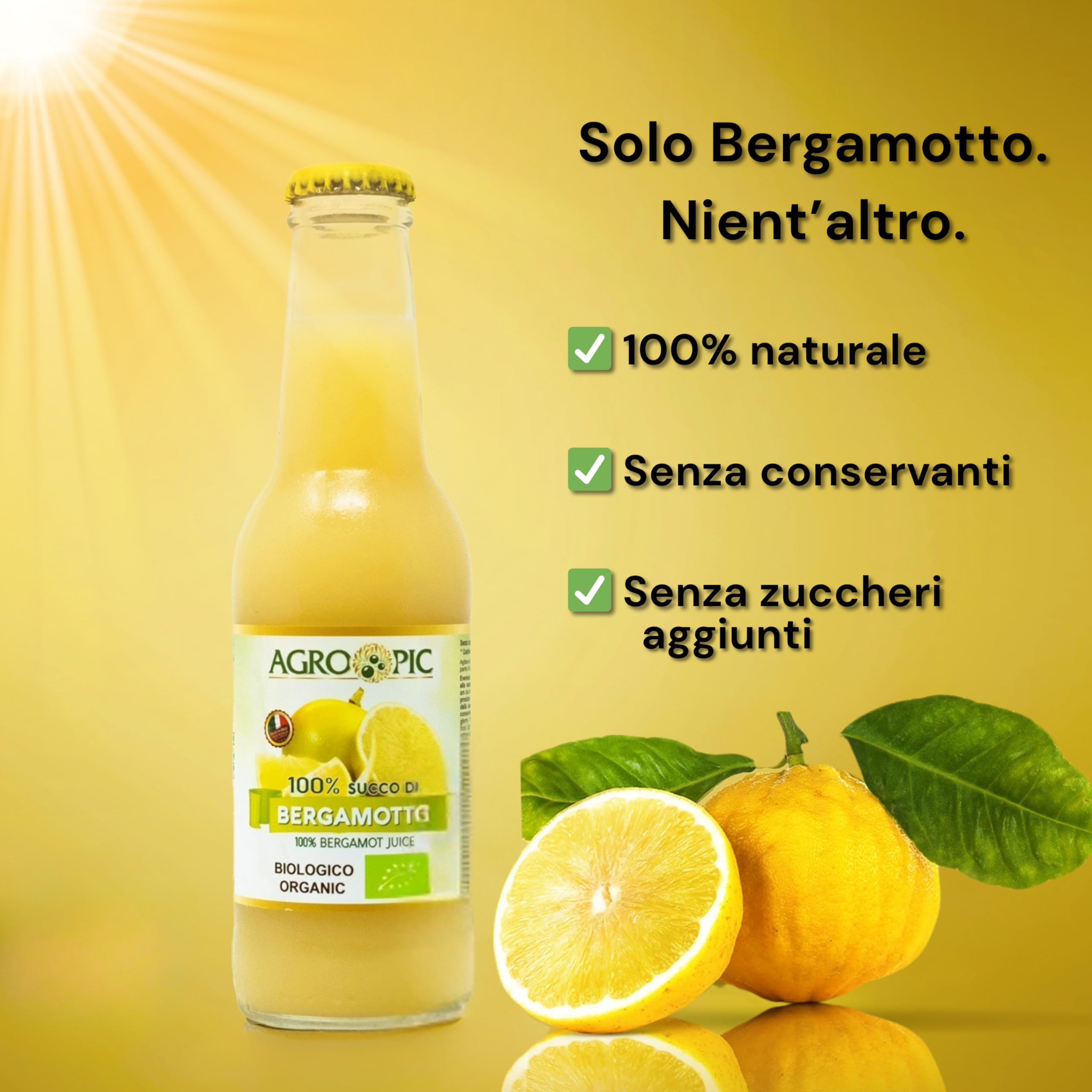 Agropic Succo di Bergamotto Puro Bio, 200 ml, Bergamotto Succo Puro Biologico, 12 bottiglie, Senza Zuccheri Aggiunti e Conservanti, Realizzato in Calabria