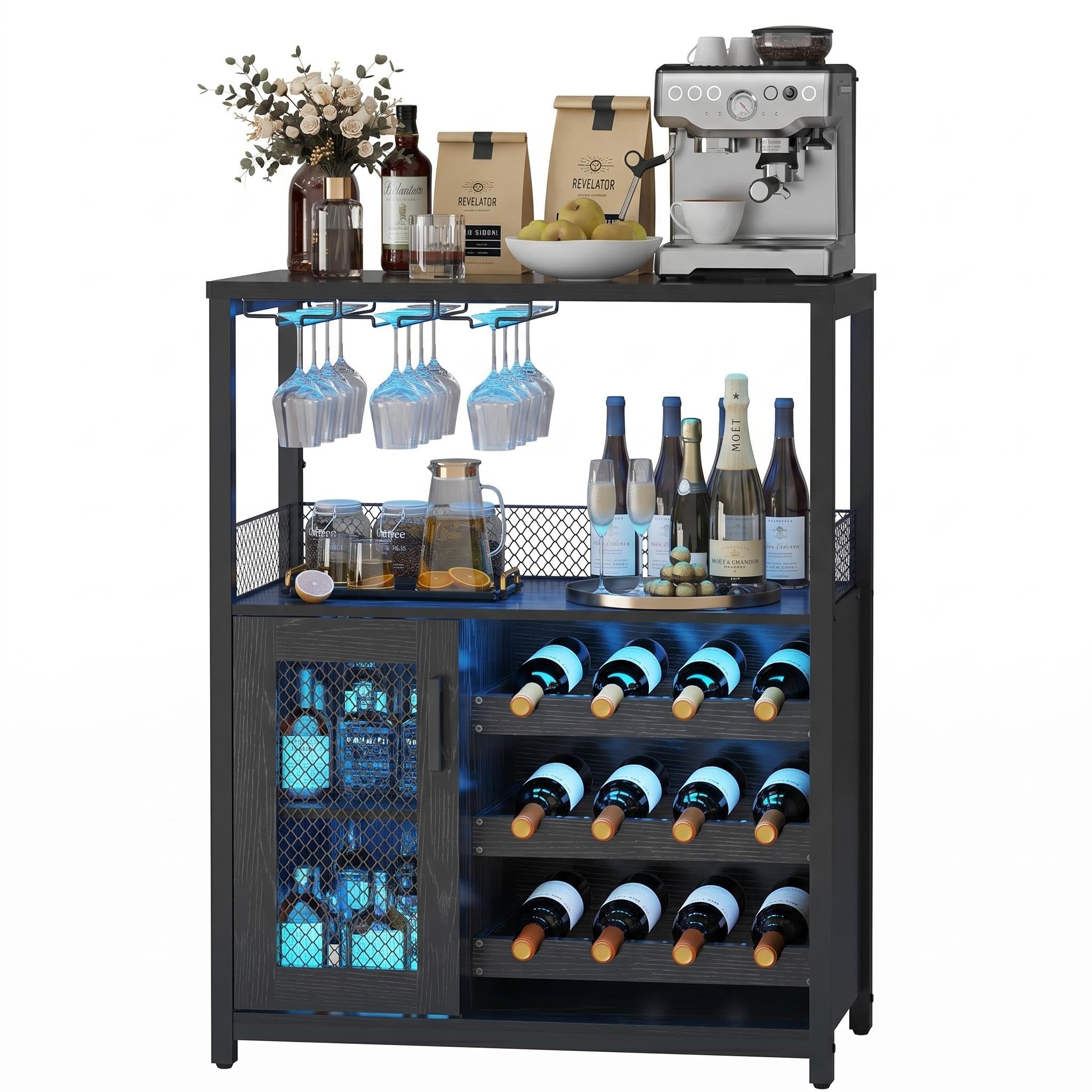 Garvee Armario para Vino Industrial con LED, Mueble Bar con Estante Ajustable 12 Botellas, Soporte para Copas, Puerta de Vidrio y Rejilla Metálica, para Cocina, Comedor o Salón, Negro 69 x 35 x 92 cm