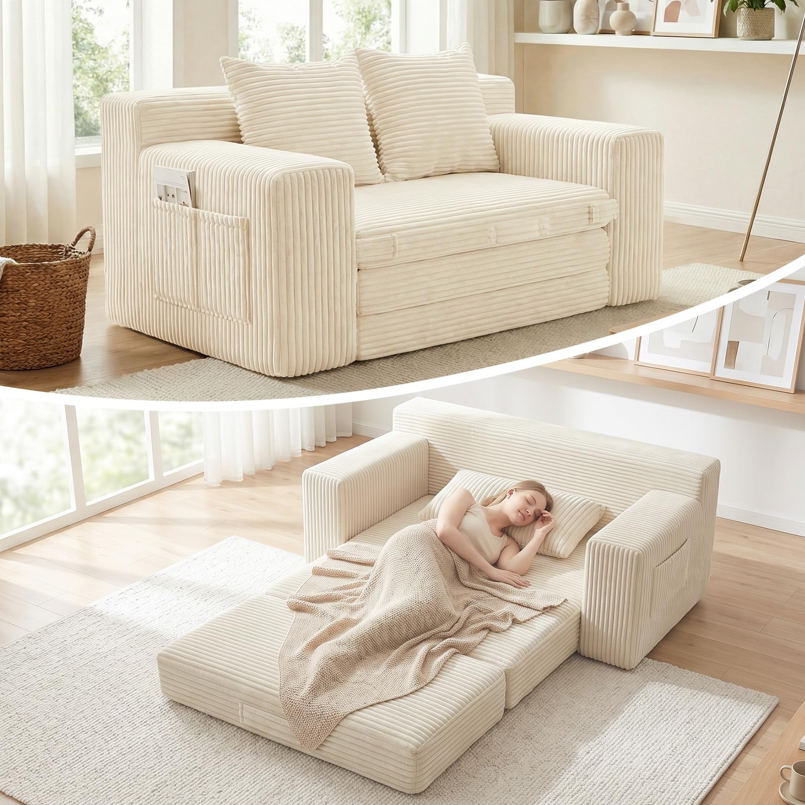 Winzoo Boneless Loveseat Sleeper Sofa Bed, 3-in-1 Convertible